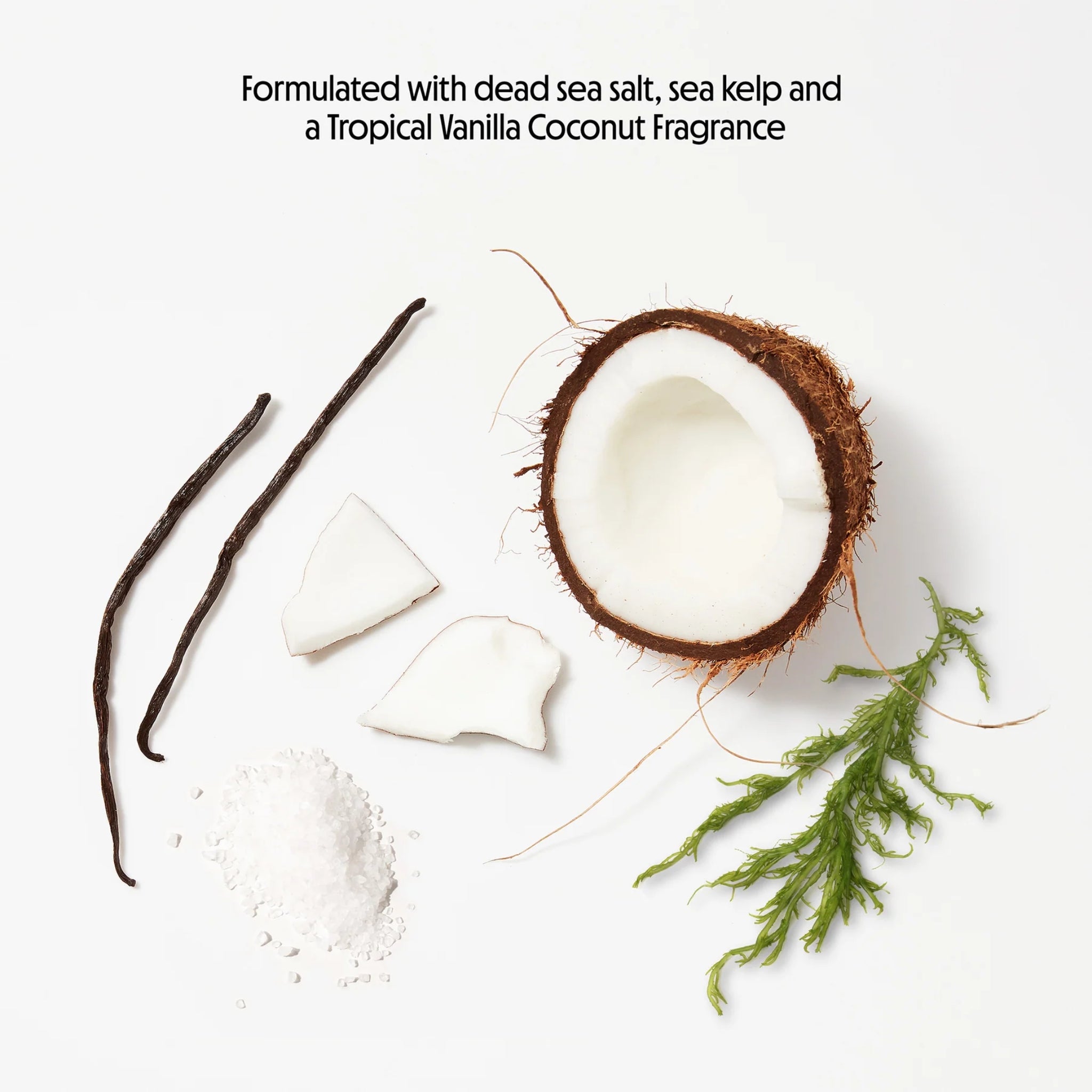 Tropical Vanilla Coconut ingredienser med dead sea salt, vaniljestænger, kokosstykker og sea kelp på hvid baggrund.