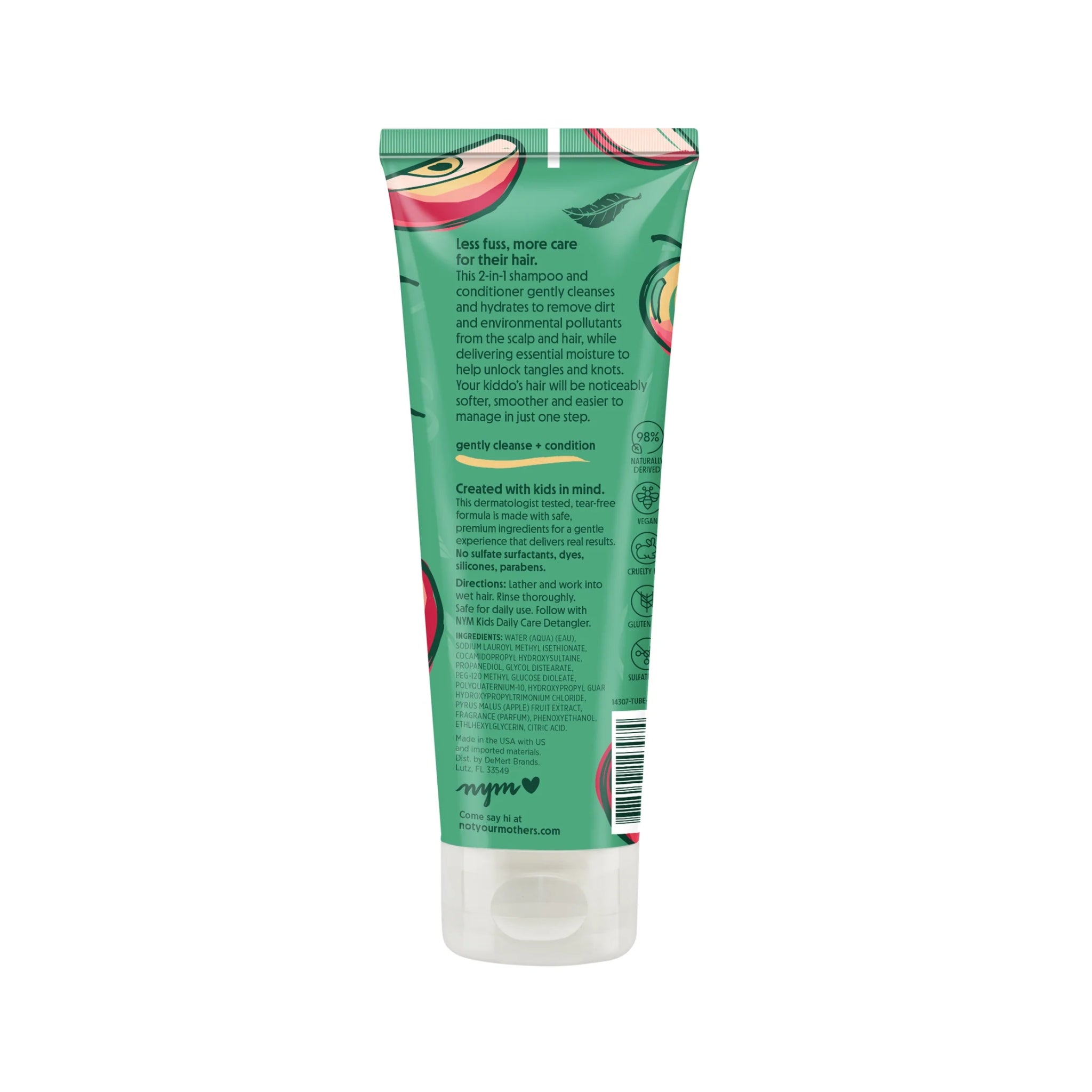 Not Your Mother's 2-i-1 børnshampoo og balsam i grøn tube med æblemotiv og ingrediensliste.