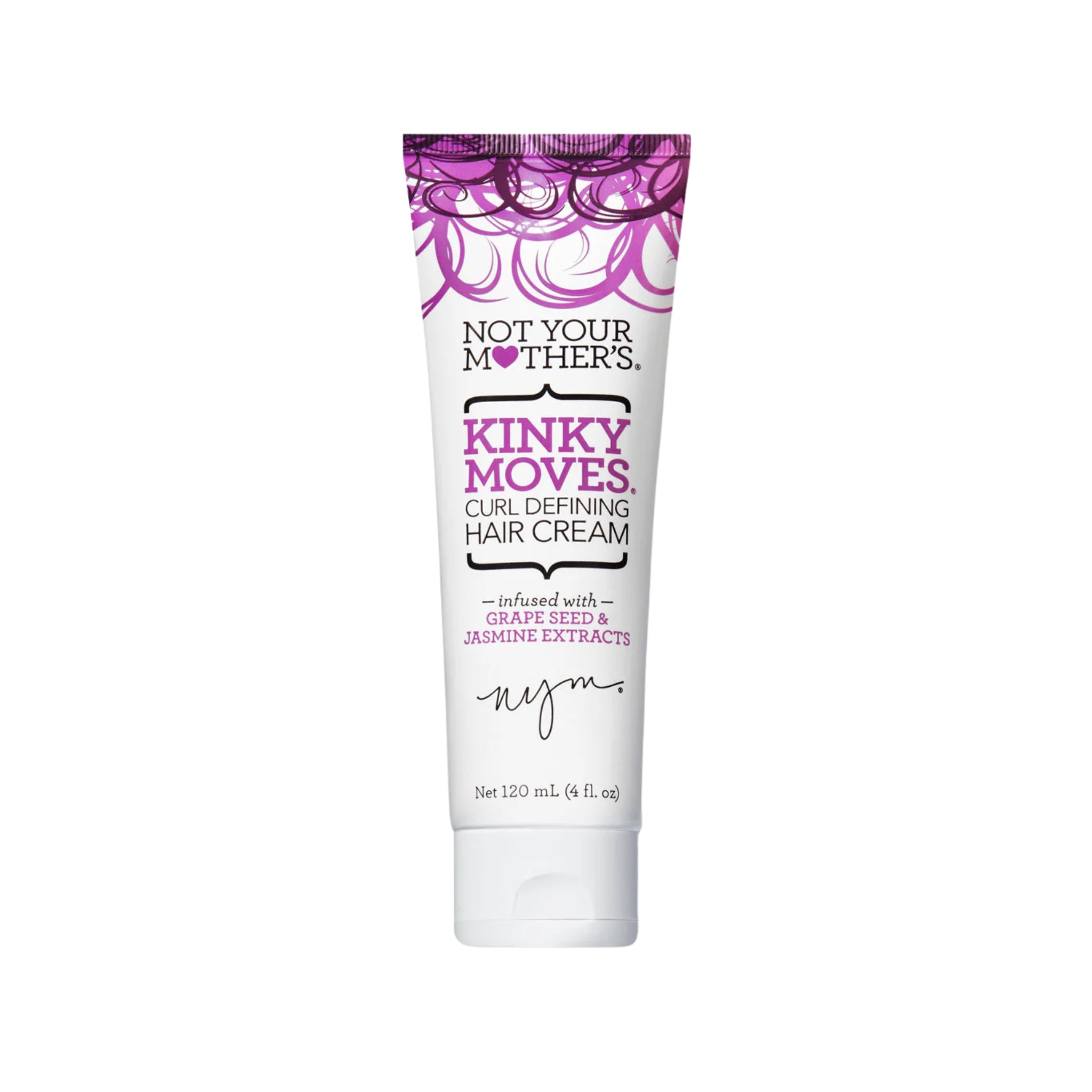 Not Your Mother's Kinky Moves curl defining hair cream i hvid tube med lilla krøllemønster, 120 ml.