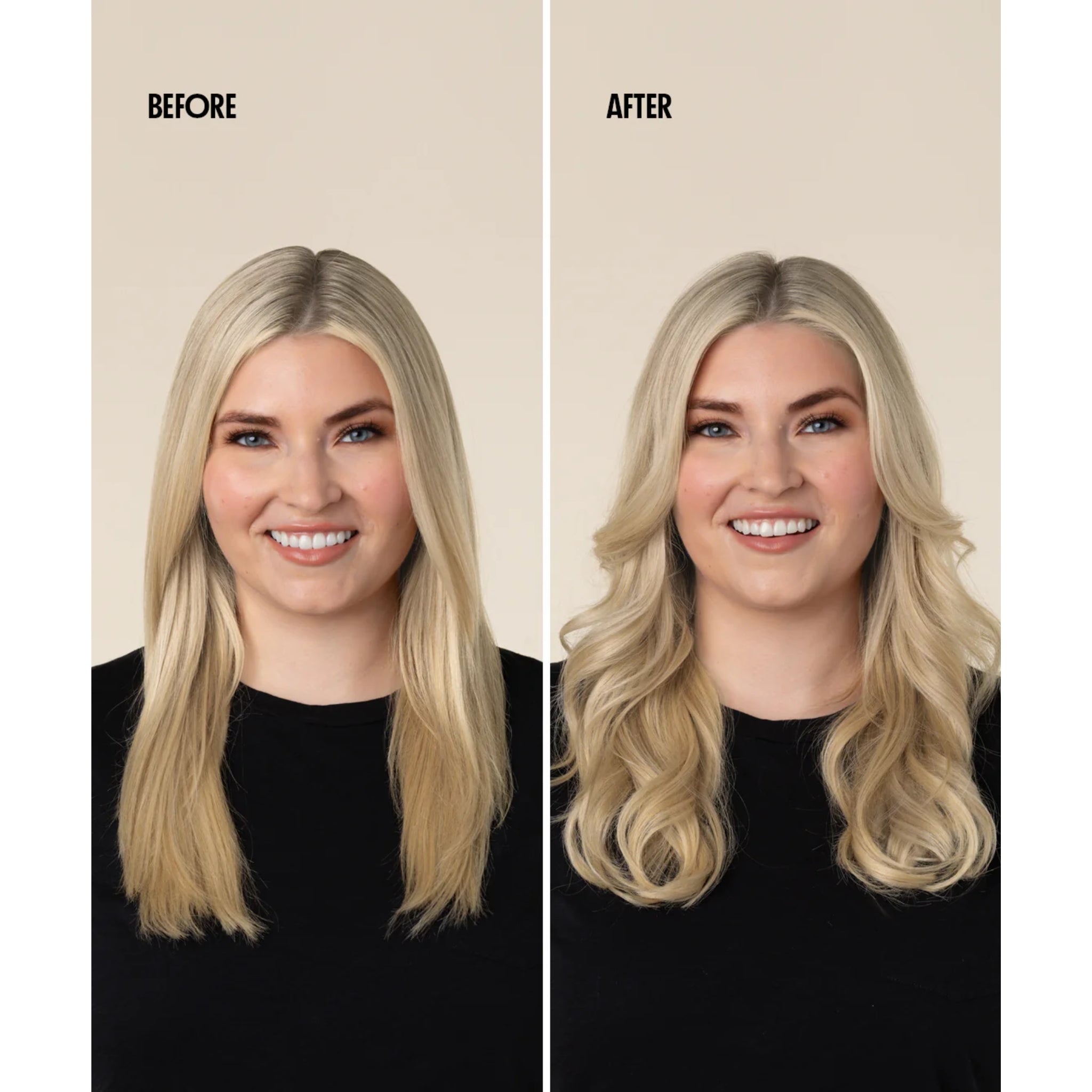 Før og efter hårtransformation med blond kvinde, glat hår før og bølget volumenrigt hår efter styling.