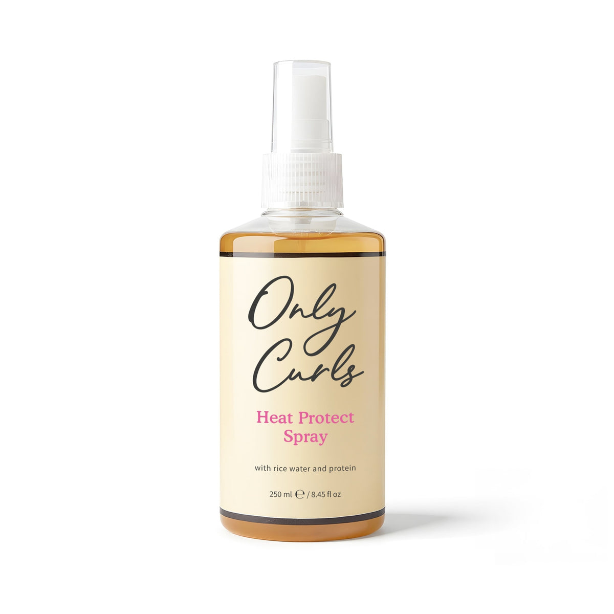 Only Curls Heat Protect Spray i 250 ml pumpeflaske med gennemsigtig top og cremefarvet etiket.