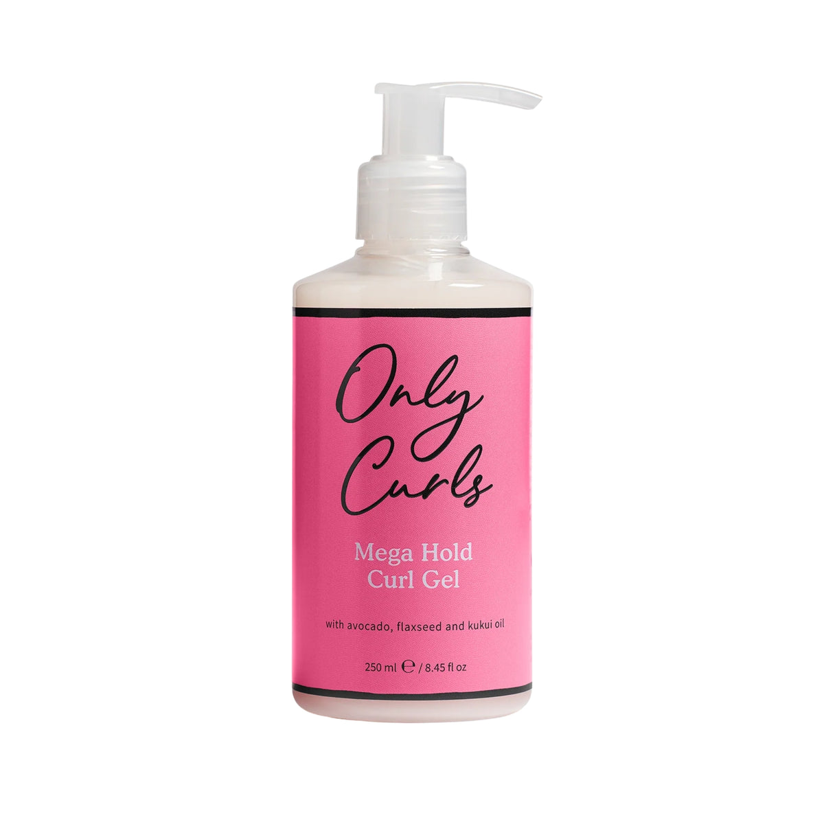 Only Curls Mega Hold Curl Gel, pumpeflaske 250 ml med pink etiket og avocado, hørfrø og kukuiolie.