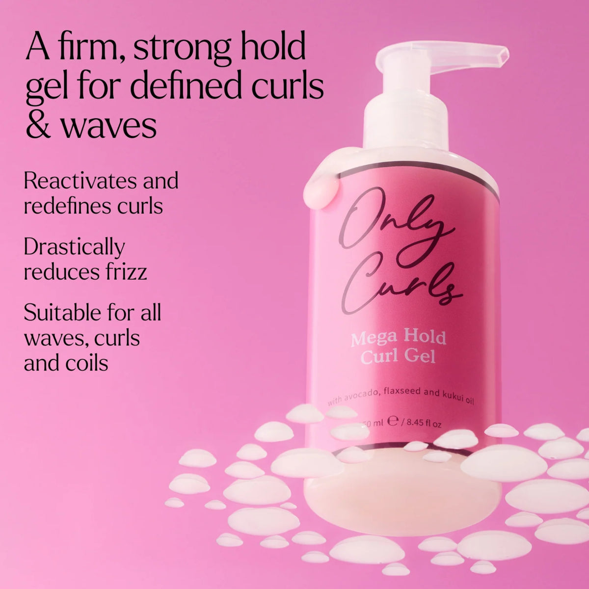 Only Curls Mega Hold Curl Gel 250ml – pink pumpeflaske med langvarig hold-gel til krøller og bølger.