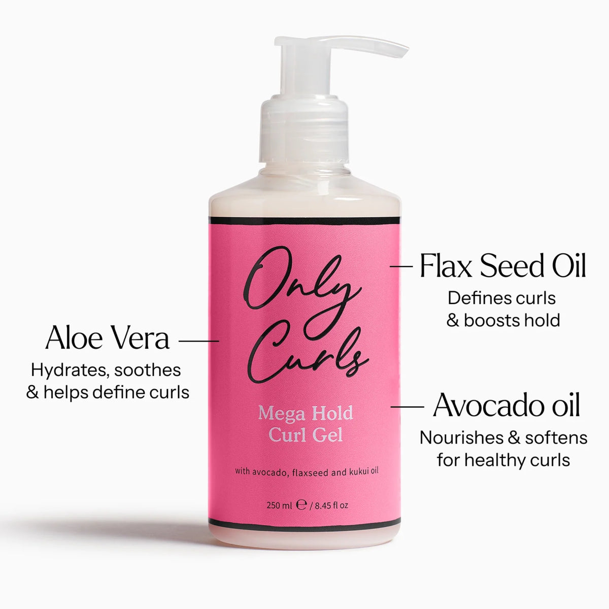 Only Curls Mega Hold Curl Gel, pink pumpeflaske med aloe vera, avocadoolie og hørfrøolie til definerede krøller.