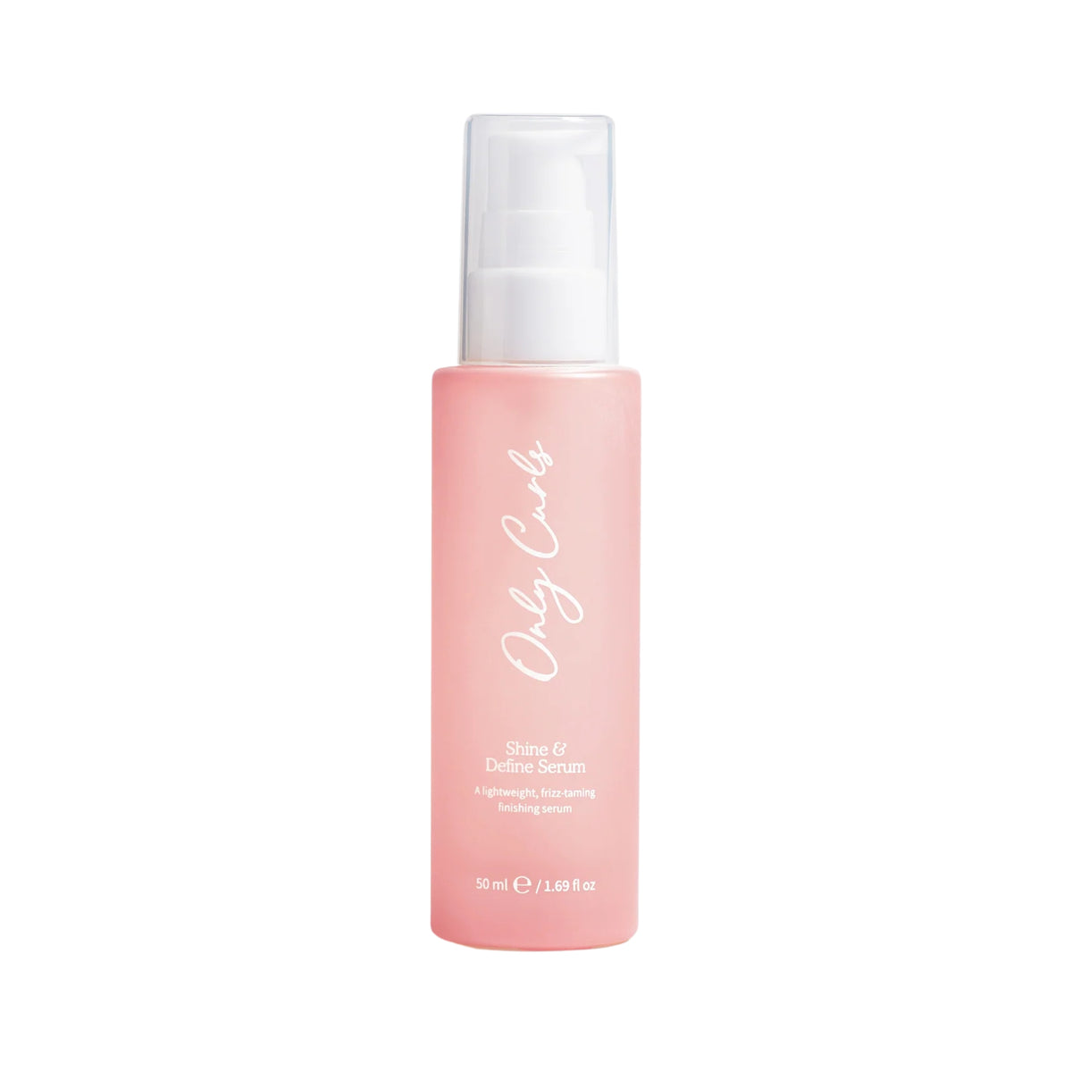 Only Curls Shine & Define Serum, lyserød pumpeflaske på 50 ml med hvid tekst.