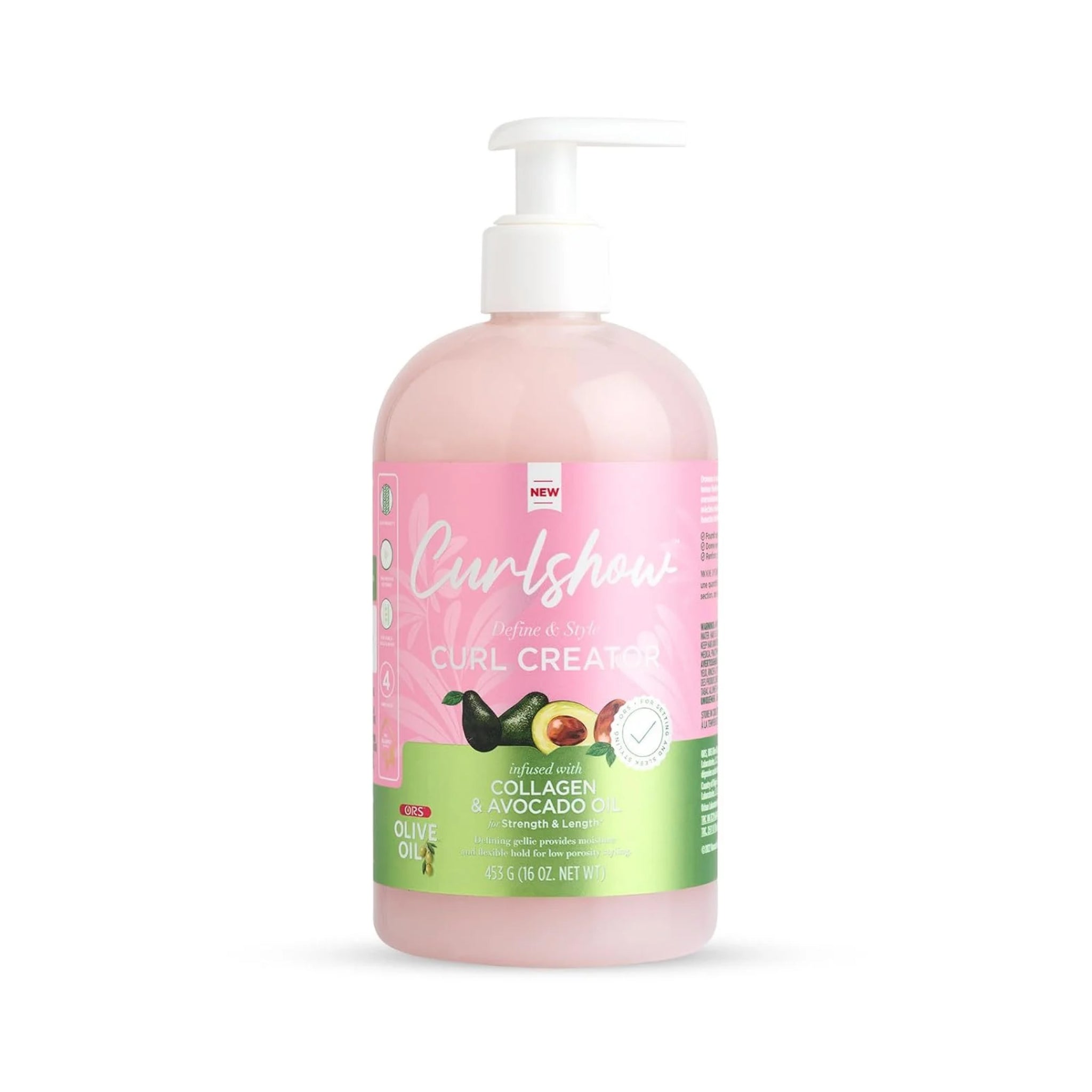 ORS Curlshow Curl Creator pumpeflaske med collagen og avocadoolie, pink og grøn emballage på hvid baggrund.