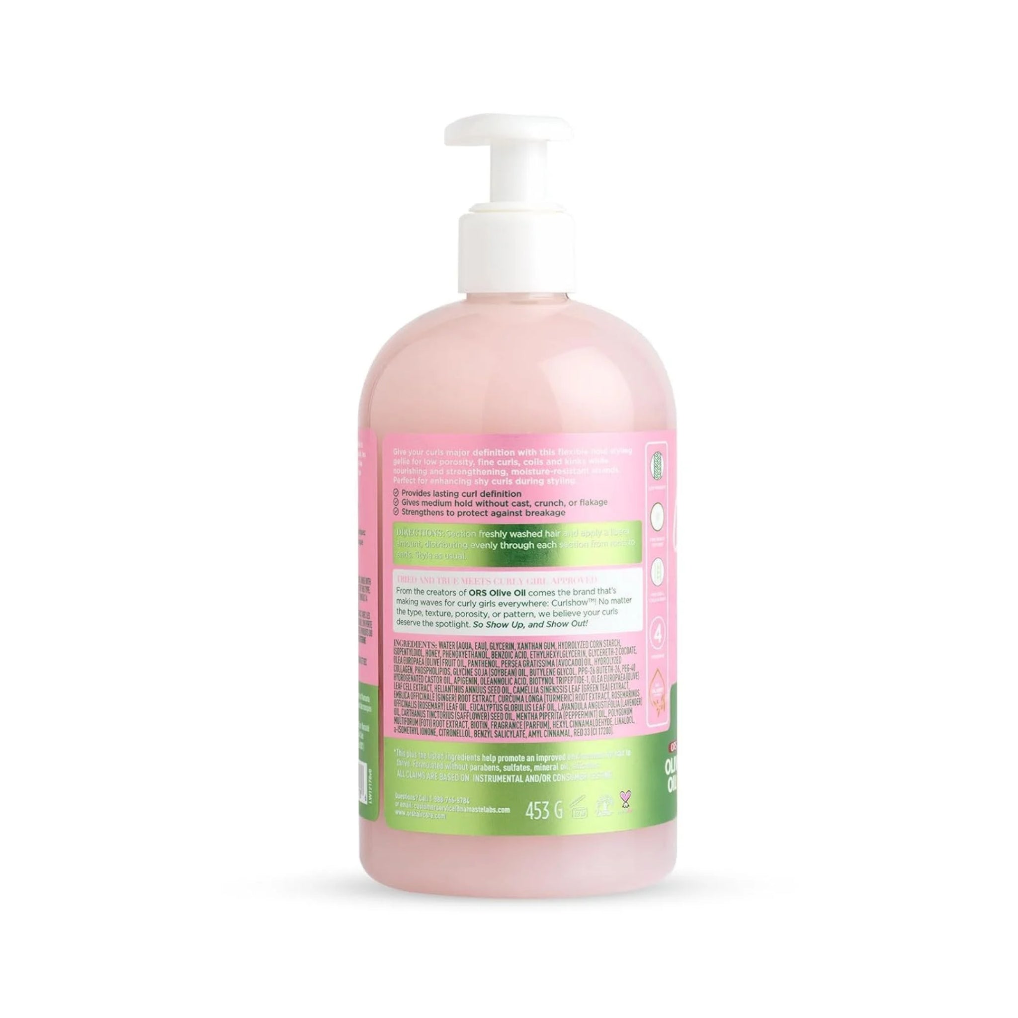 Pumpeflaske med ORS Olive Oil Curlshow hårgelé, lyserød tekstur, grøn og pink etiket med ingredienser og brugsanvisning.