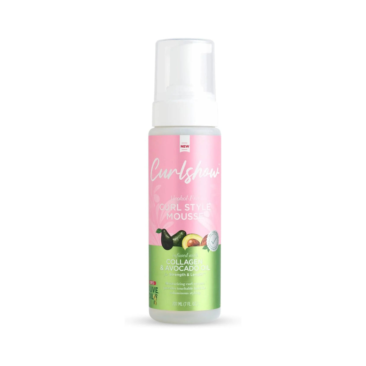 ORS Curlshow Curl Style Mousse-flaske med pink-grøn etiket og pumpelåg, infused med collagen og avocadoolie, 207 ml.