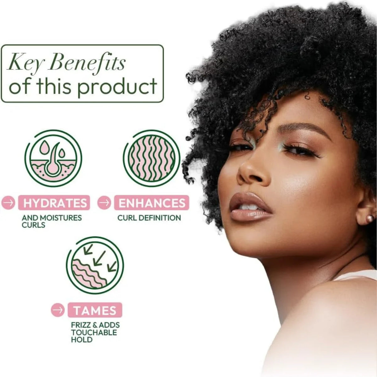 Key Benefits infografik: krøllet hår hydreres, definerer krøller og tæmmer frizz, kvinde med naturligt afrohår til højre.