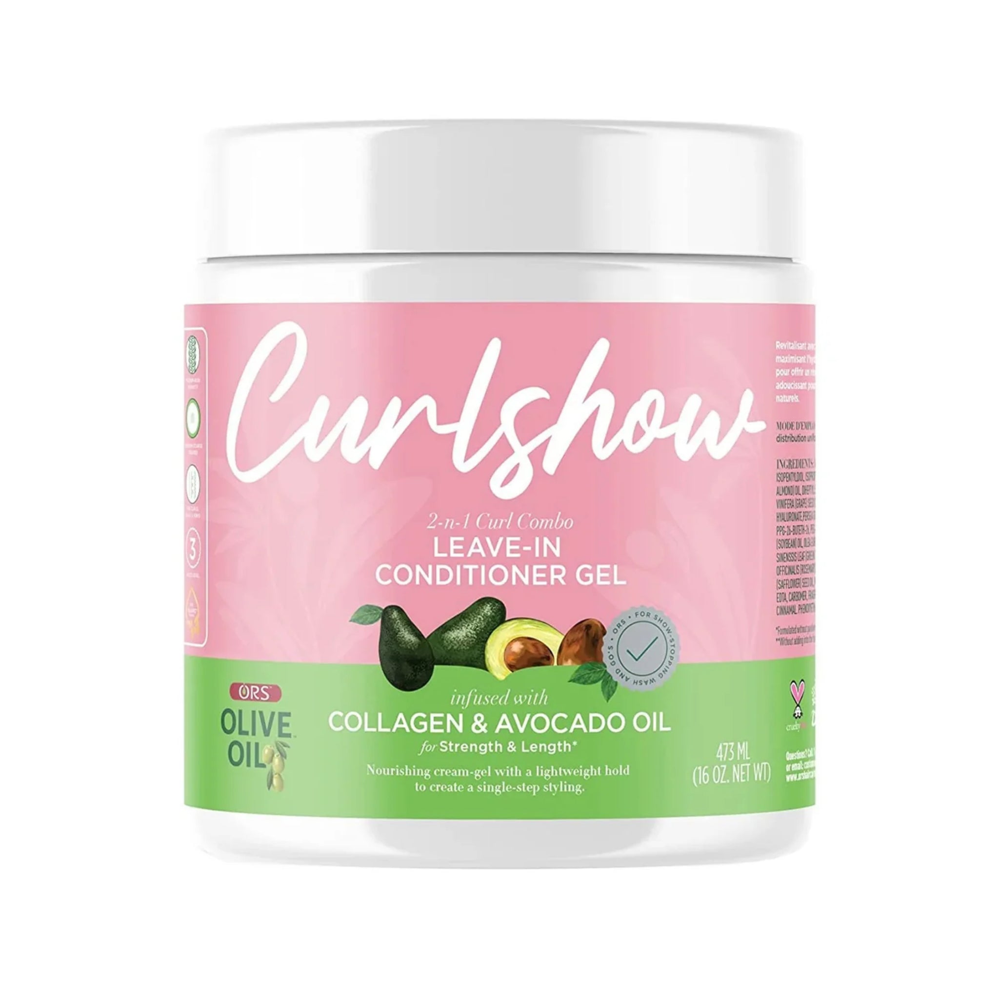 ORS Olive Oil Curlshow leave-in conditioner gel med collagen og avokadoolie, hvid dåse med lyserødt og grønt design.
