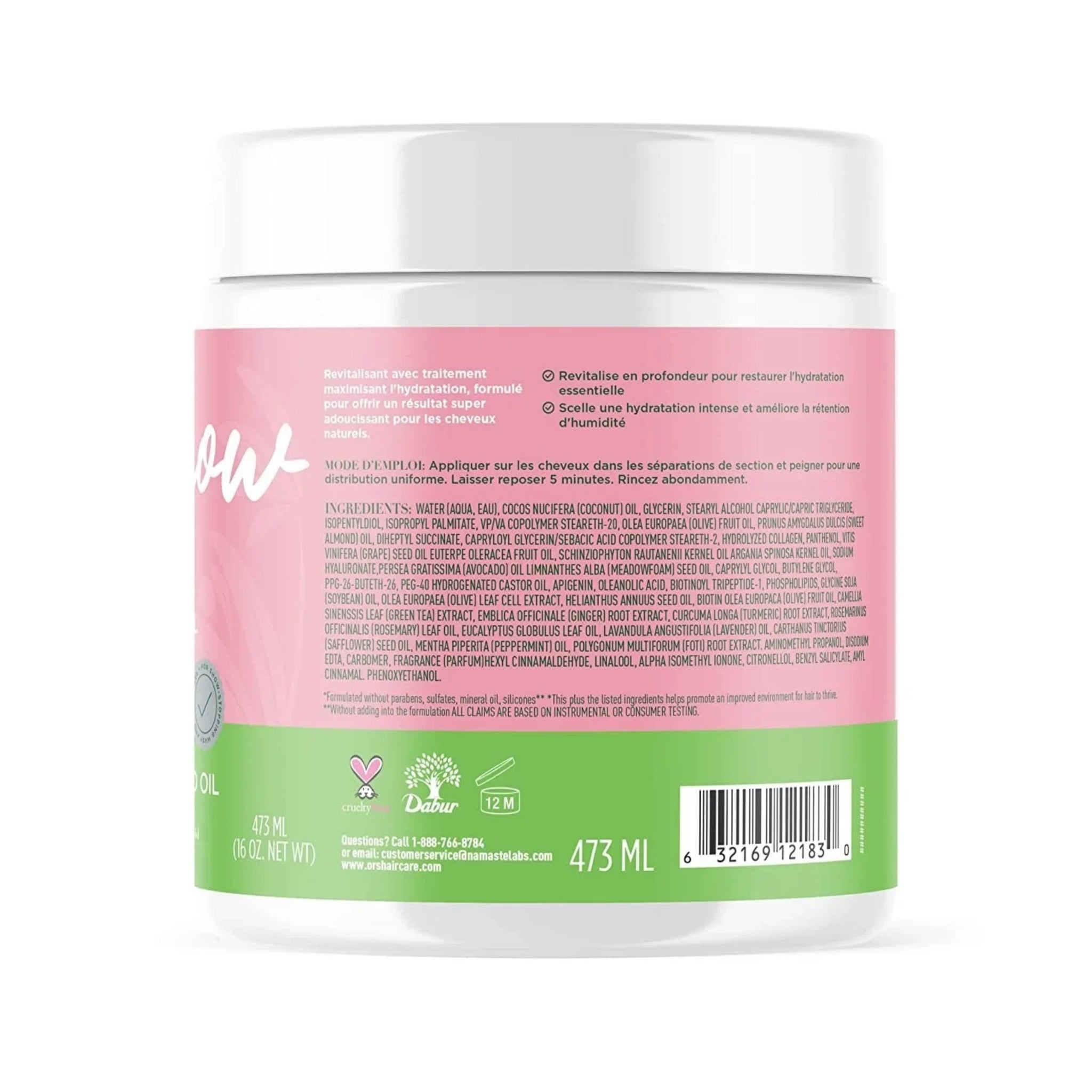 Bagside af ORS Coconut Oil hårplejeprodukt i hvid dåse med lyserødt etiket og ingrediensliste, 473 ml.