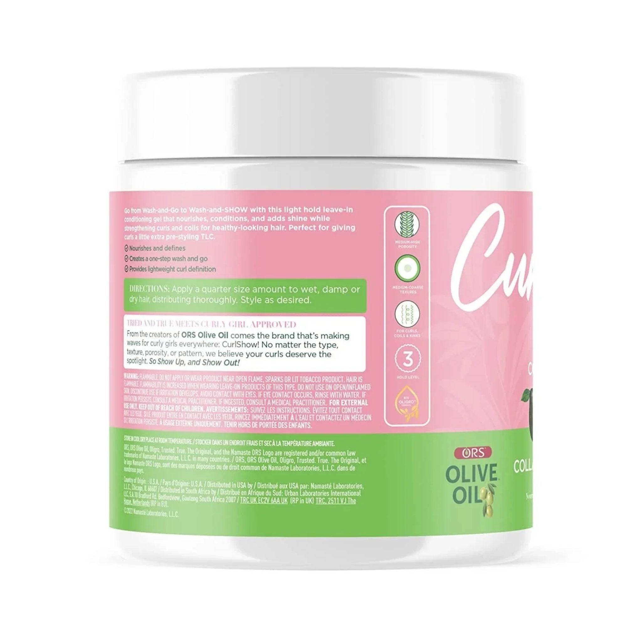 ORS Olive Oil CurlShow leave-in conditioning gel i hvid krukke med lyserødt og grønt etiket, produktinfo og brugsanvisning.