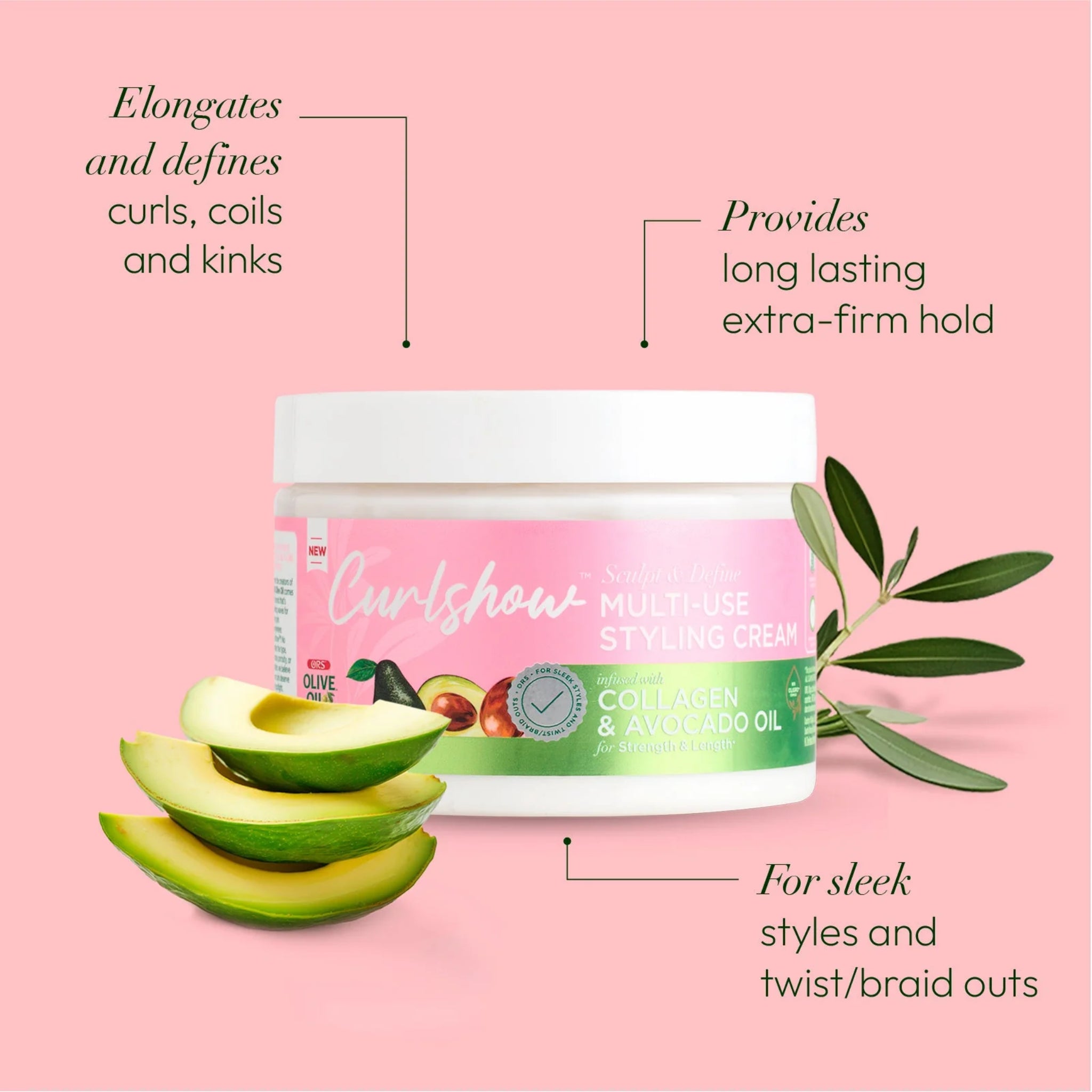 ORS Curlshow Multi-Use Styling Cream i lyserød og grøn krukke med avocadoskiver og olivengrene på lyserød baggrund.