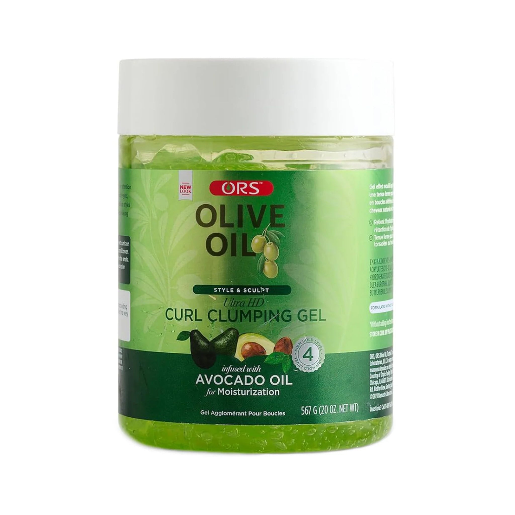 ORS Olive Oil Curl Clumping Gel i grøn 567 g dunk med avocadoolie og hvidt låg.