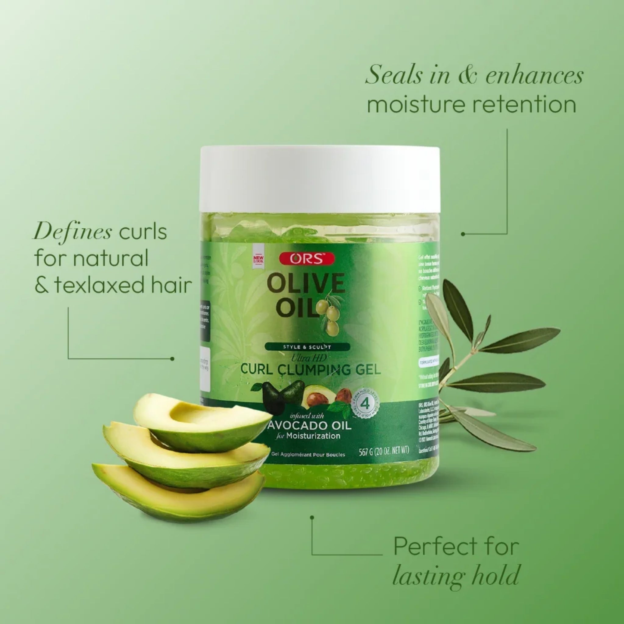 ORS Olive Oil Curl Clumping Gel i banke med hvidt låg, omgivet af skiver avocado og olivengren på grøn baggrund.
