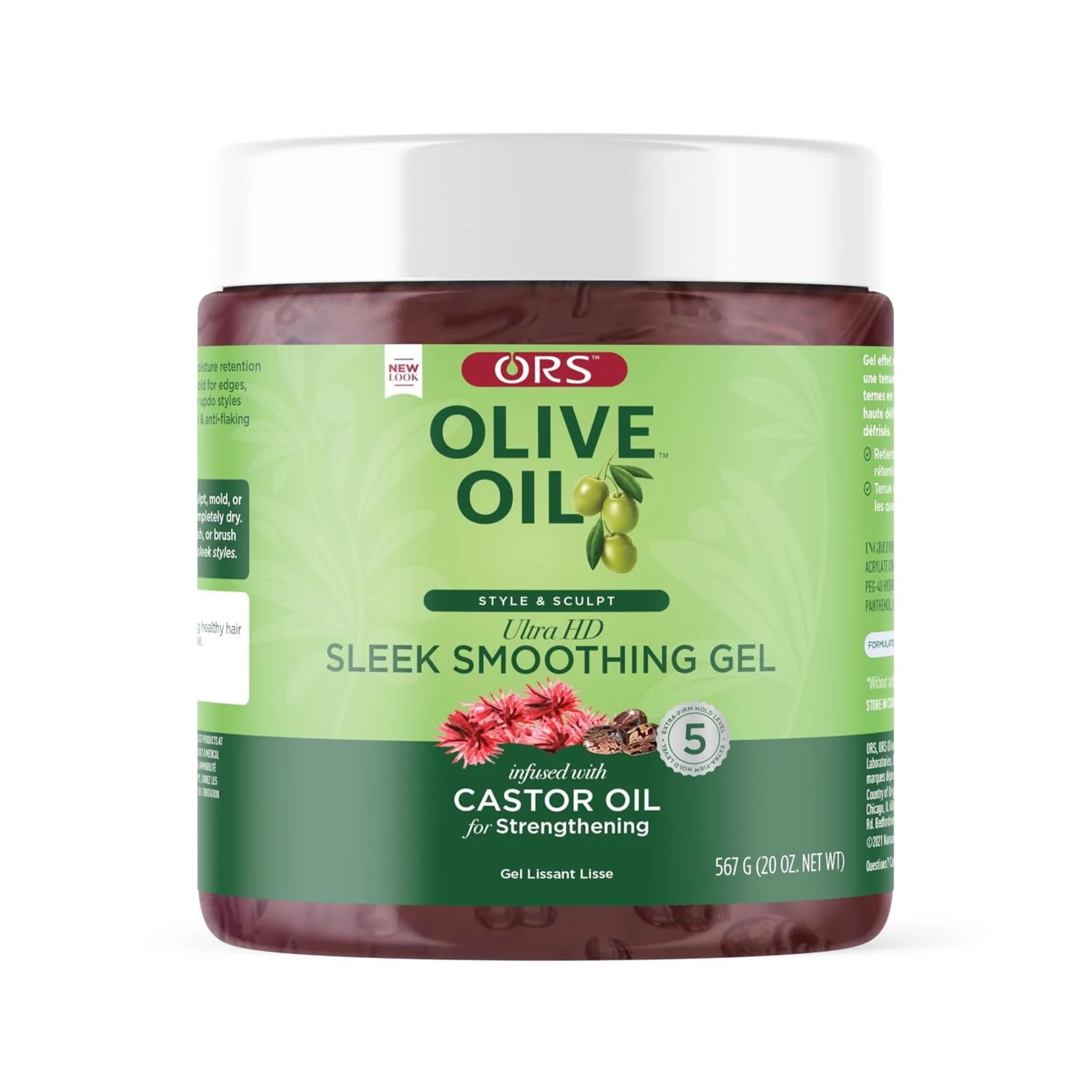 ORS Olive Oil Ultra HD Sleek Smoothing Gel, 567 g dunk med hvidt låg og oliven på grøn etiket.