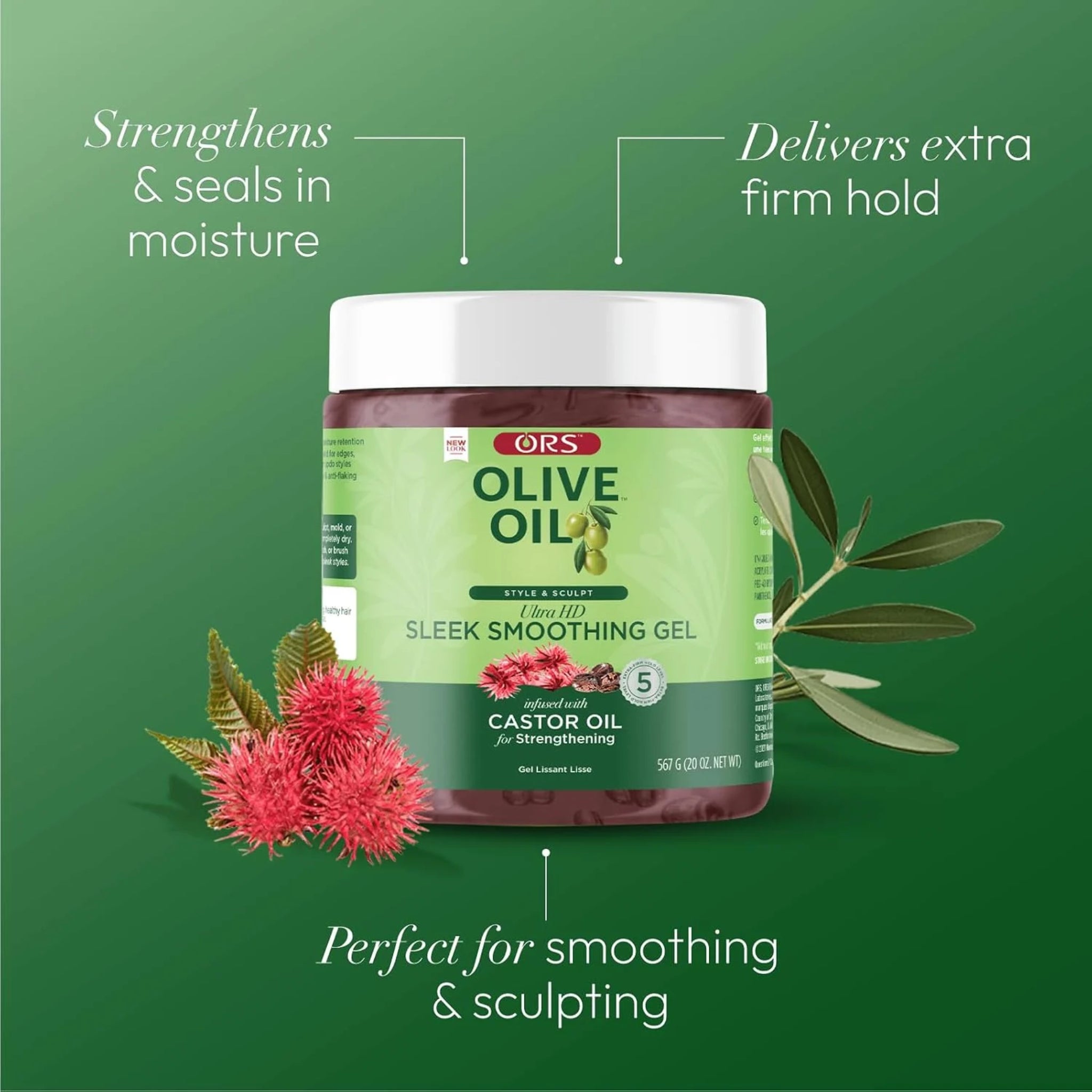 ORS Olive Oil Ultra HD Sleek Smoothing Gel i grøn og hvid emballage med castorolie, oliven og røde blomster.