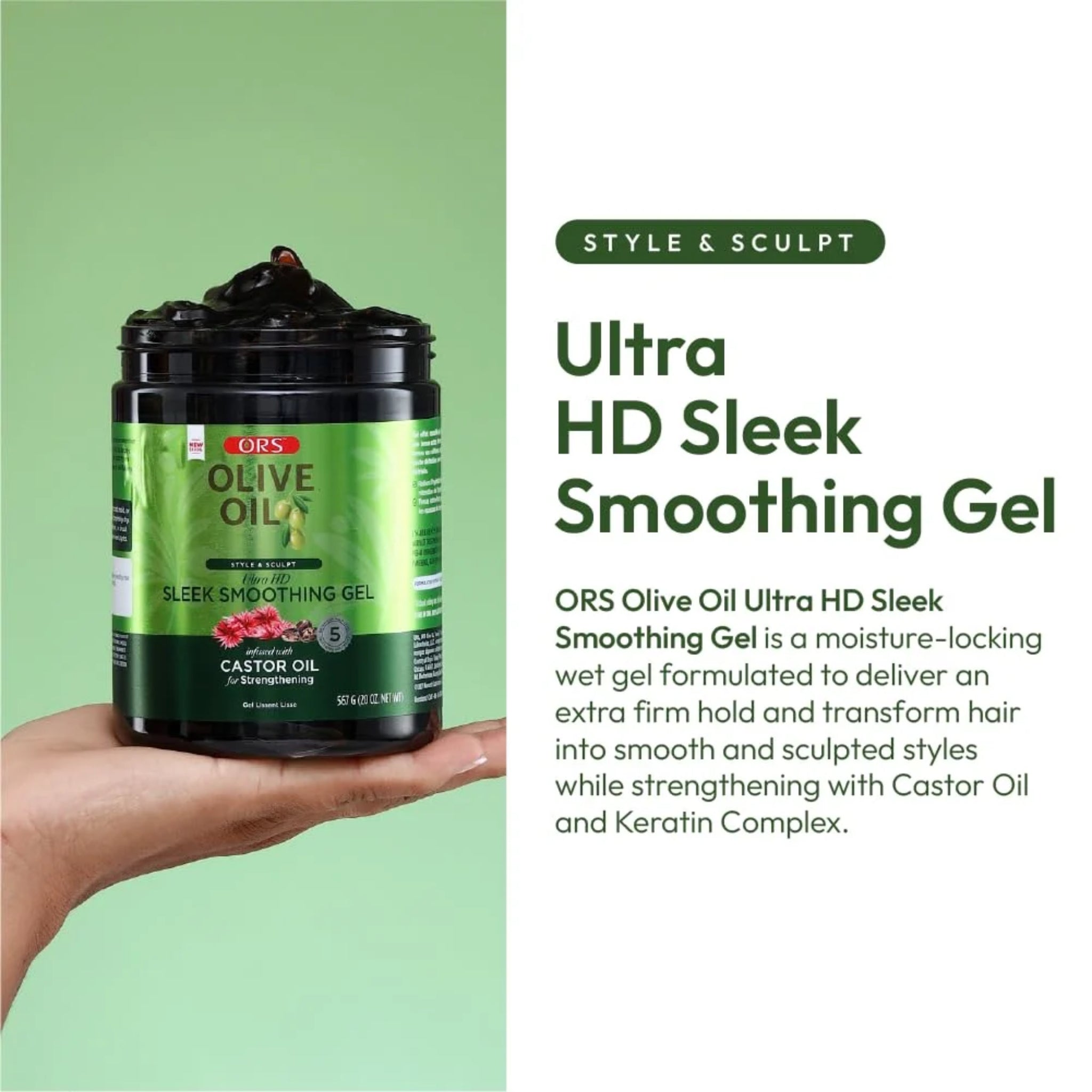 ORS Olive Oil Ultra HD Sleek Smoothing Gel i sort krukke med grøn etiket, holdt i en hånd mod grøn baggrund.
