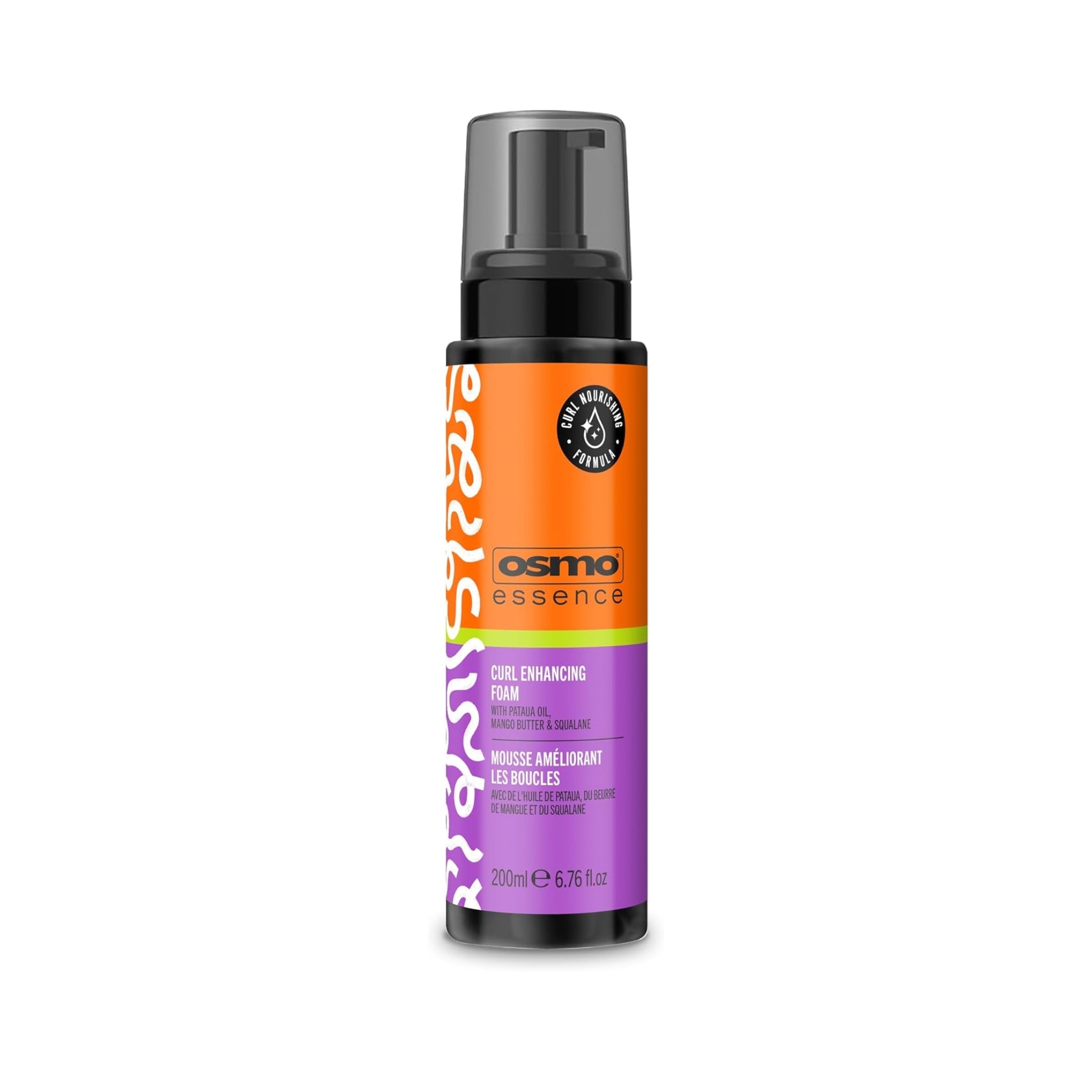 OSMO Essence Curl Enhancing Foam, 200 ml pumpeflaske i sort, orange og lilla med hvidt krølmønster.