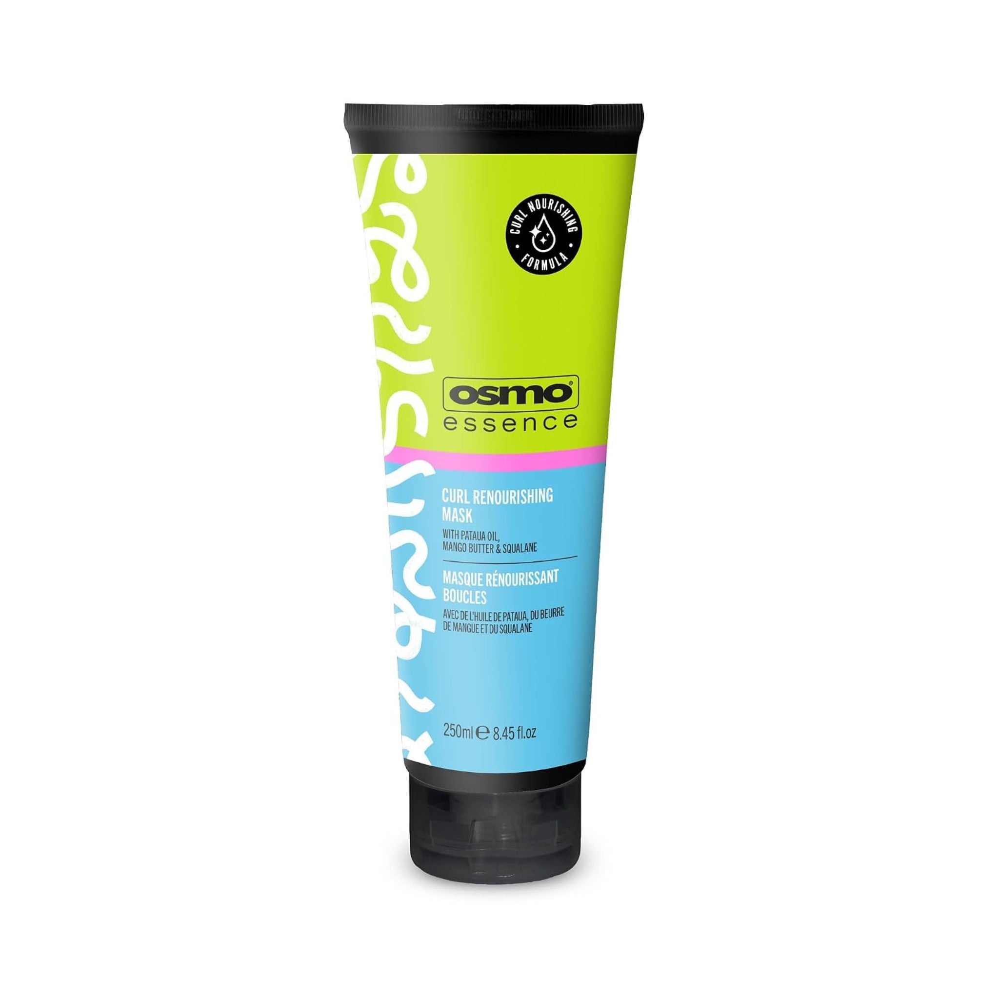 OSMO Essence Curl Renourishing Mask, grøn/blå tube på 250 ml med sort låg, mod krøllet hår.