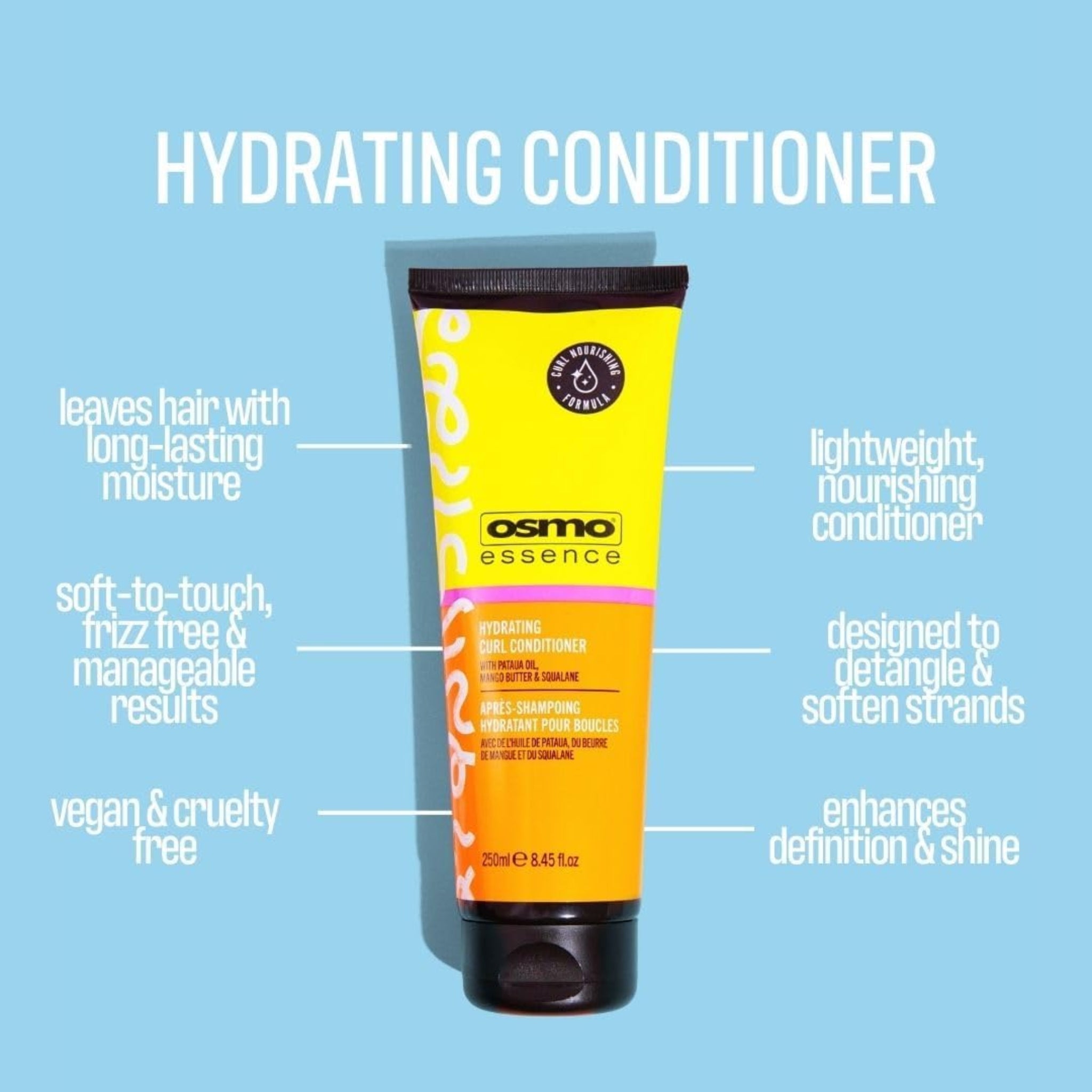 Osmo Essence Hydrating Conditioner i gul-orange tube på blå baggrund med fugtgivende egenskaber for krøller.