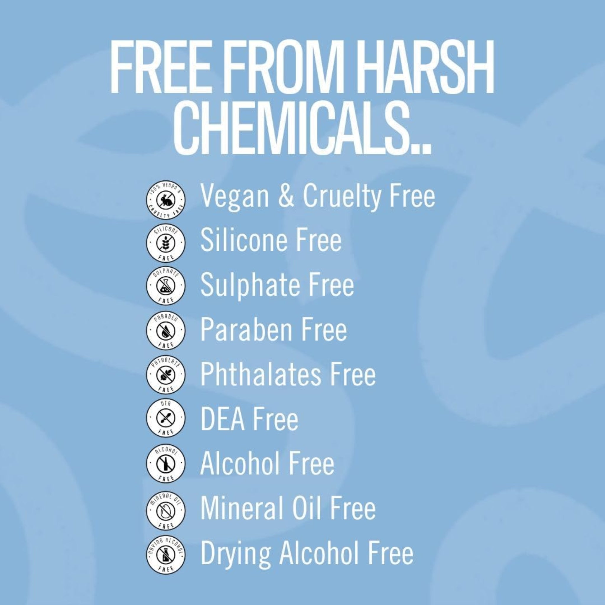 Infografik med hvide ikoner på blå baggrund, viser produktets frihed fra silikone, sulfat, paraben, phthalater og alkohol.
