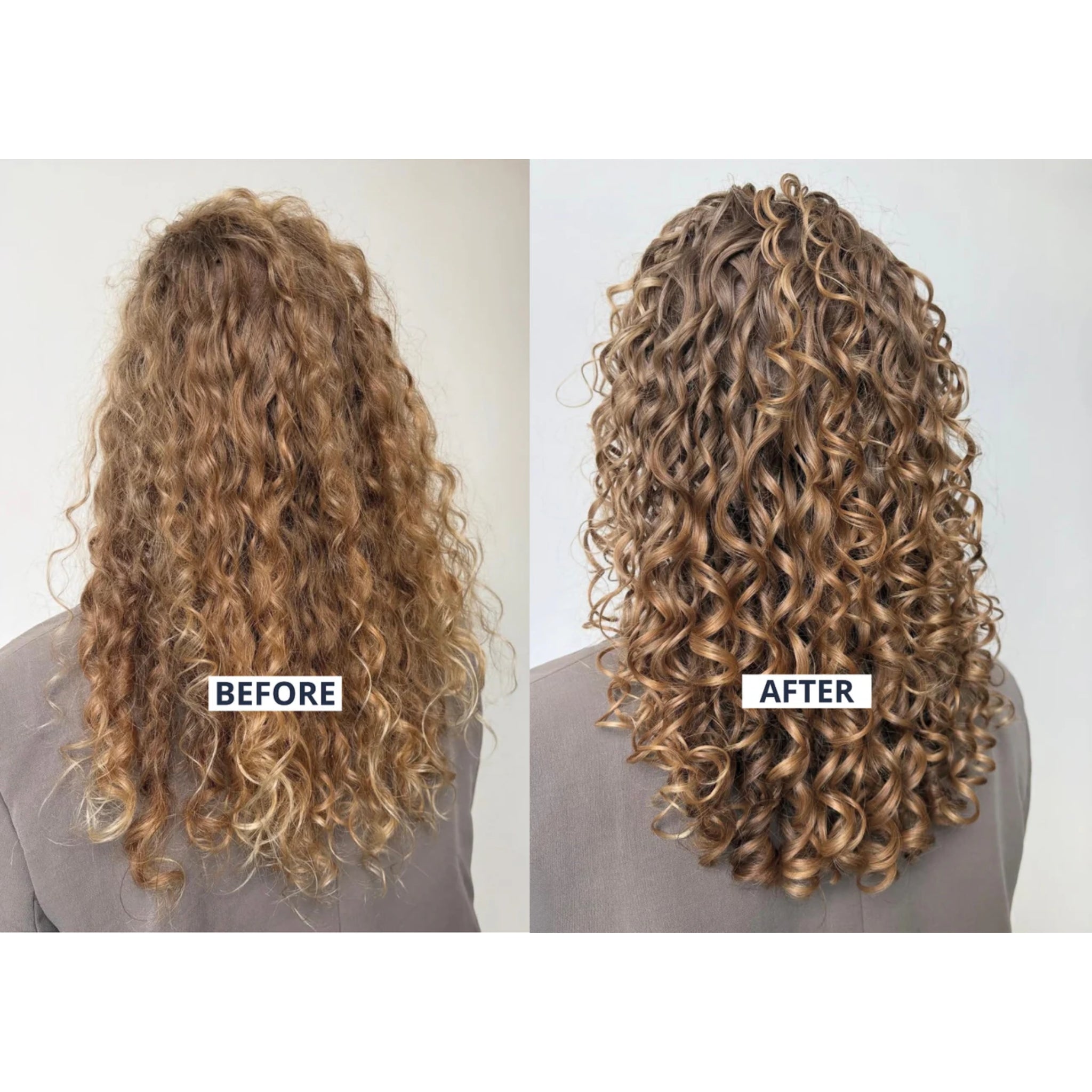 Før og efter krøller: Fra tørt, kruset hår til definerede, glansfulde krøller efter curly hair behandling.
