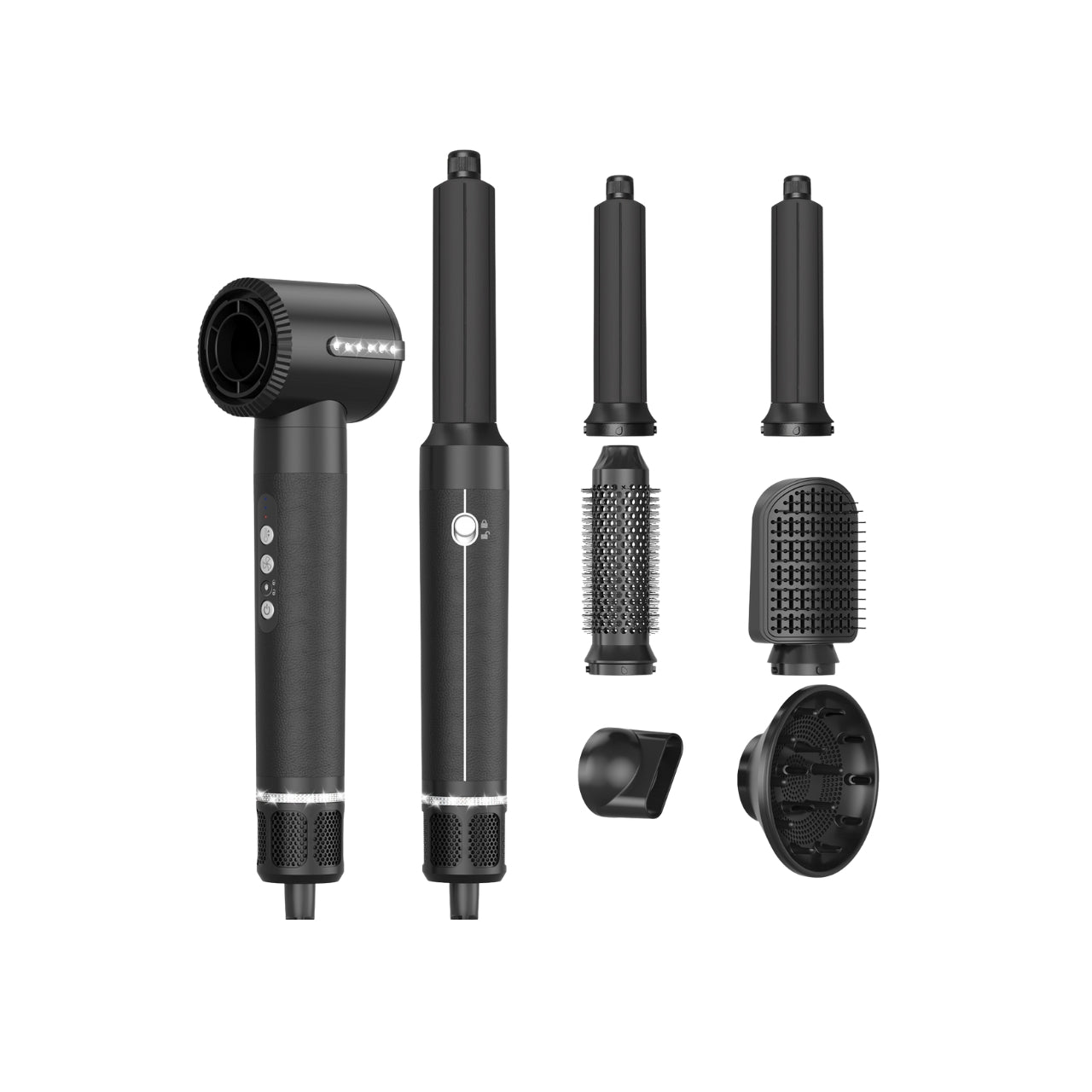 Sort 7-i-1 multistyler med hovedenhed og flere udskiftelige stylinghoveder, herunder krøllejern, børstehoveder, diffuser og luftdyse, vist på hvid baggrund.
