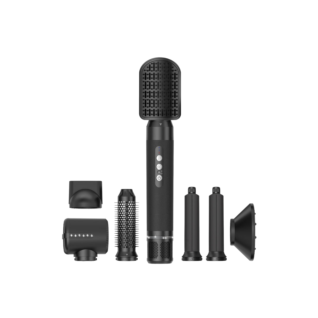 Sort 7-i-1 multistyler med hovedenhed og flere udskiftelige stylinghoveder, herunder krøllejern, børstehoveder, diffuser og luftdyse, vist på hvid baggrund.