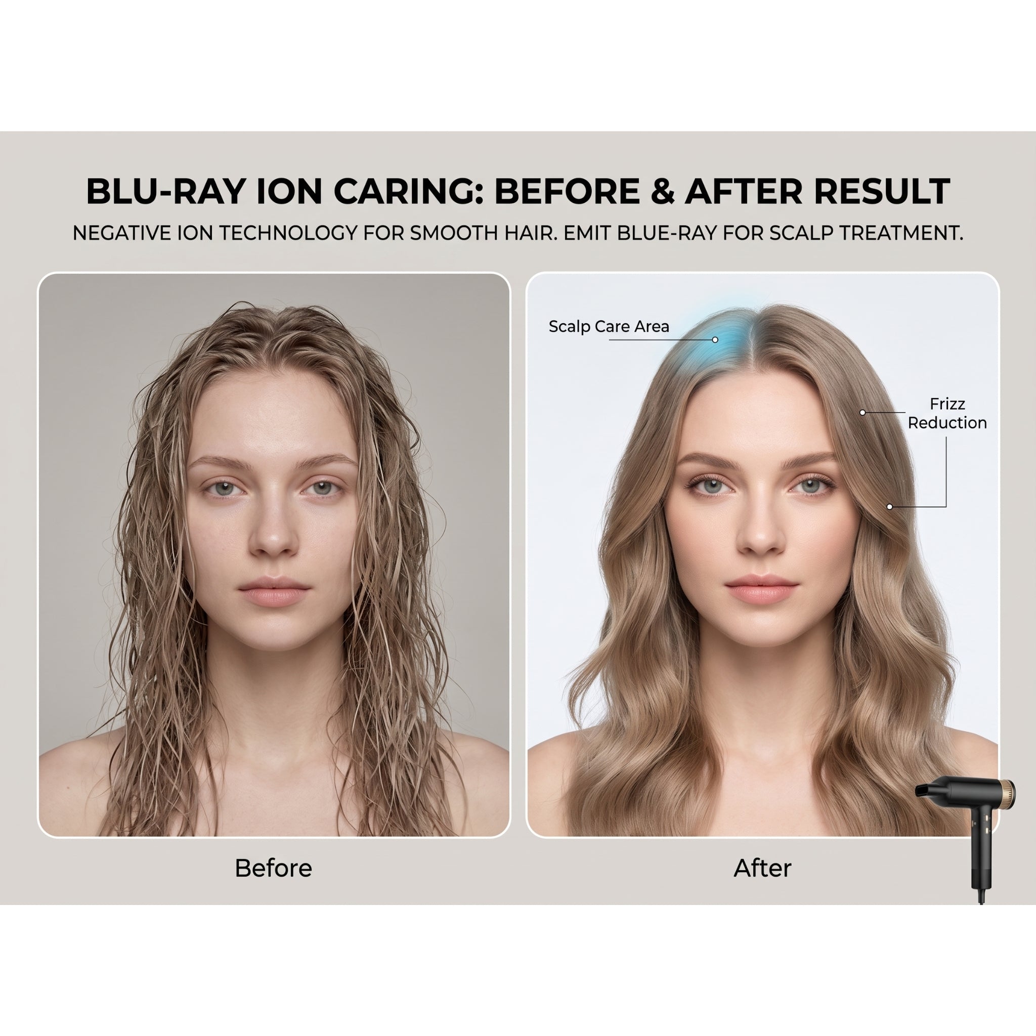 Før og efter resultat med professionel ionisk hårtørrer – frizz reduktion og skånsom scalp treatment.