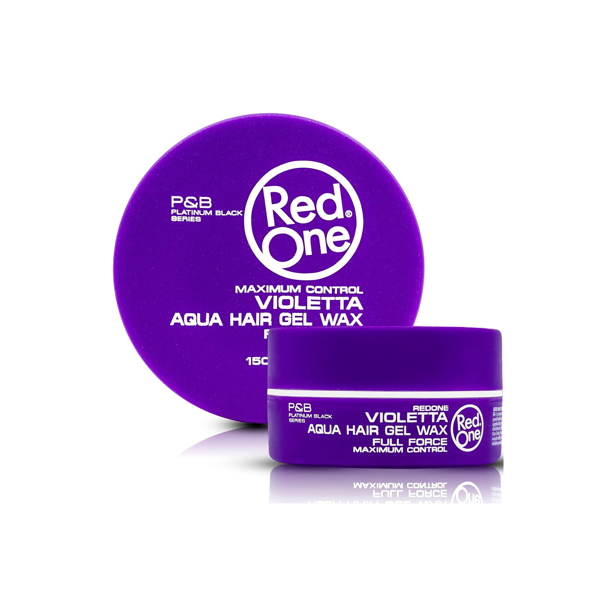 Lilla dåse med Red One Aqua Hair Gel Wax Violetta 150ml fra P&B Platinum Black Series, vist med låg og krukke på hvid baggrund.