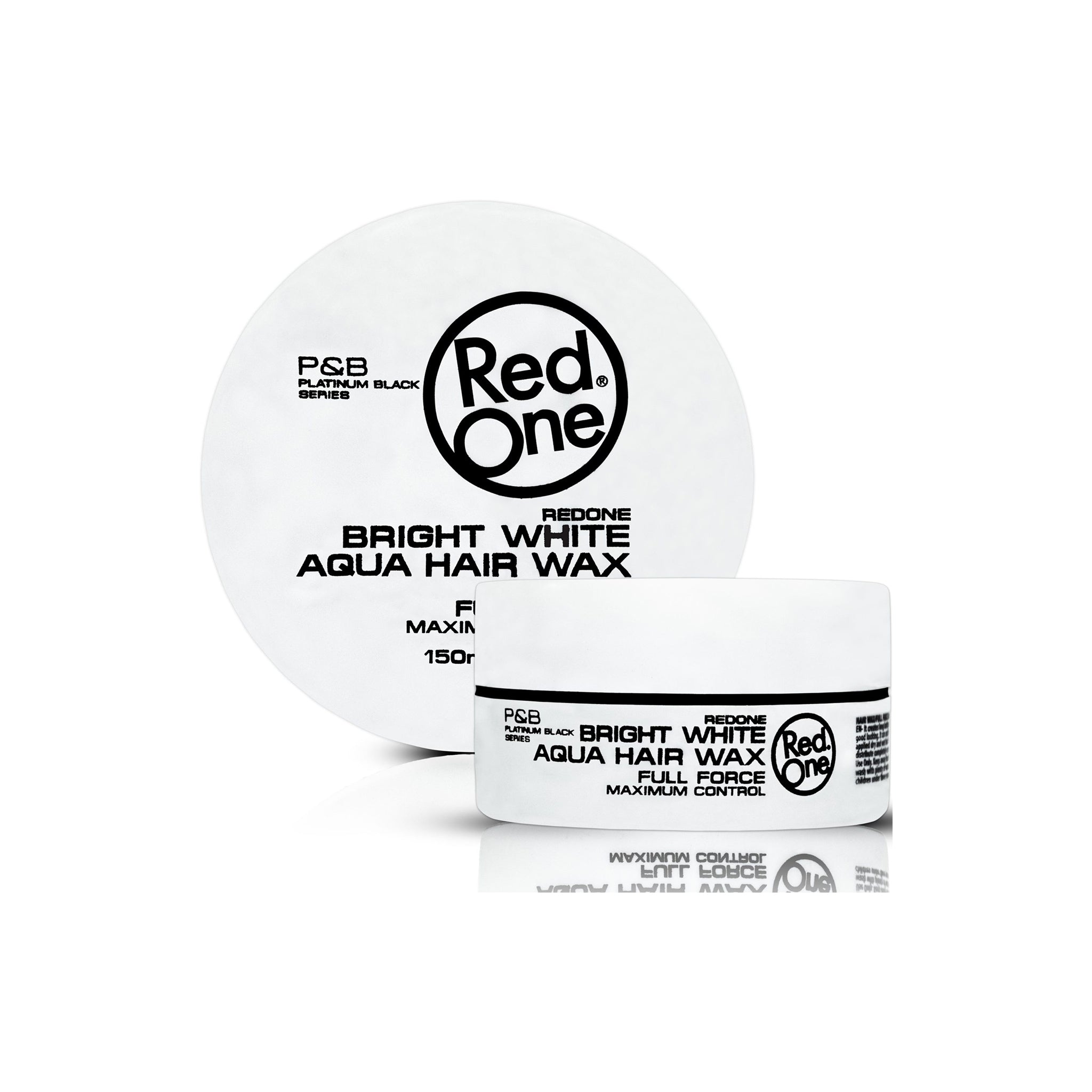 Hvid dåse med Red One Aqua Hair Wax Bright White 150ml fra P&B Platinum Black Series, vist med låg og krukke på hvid baggrund.