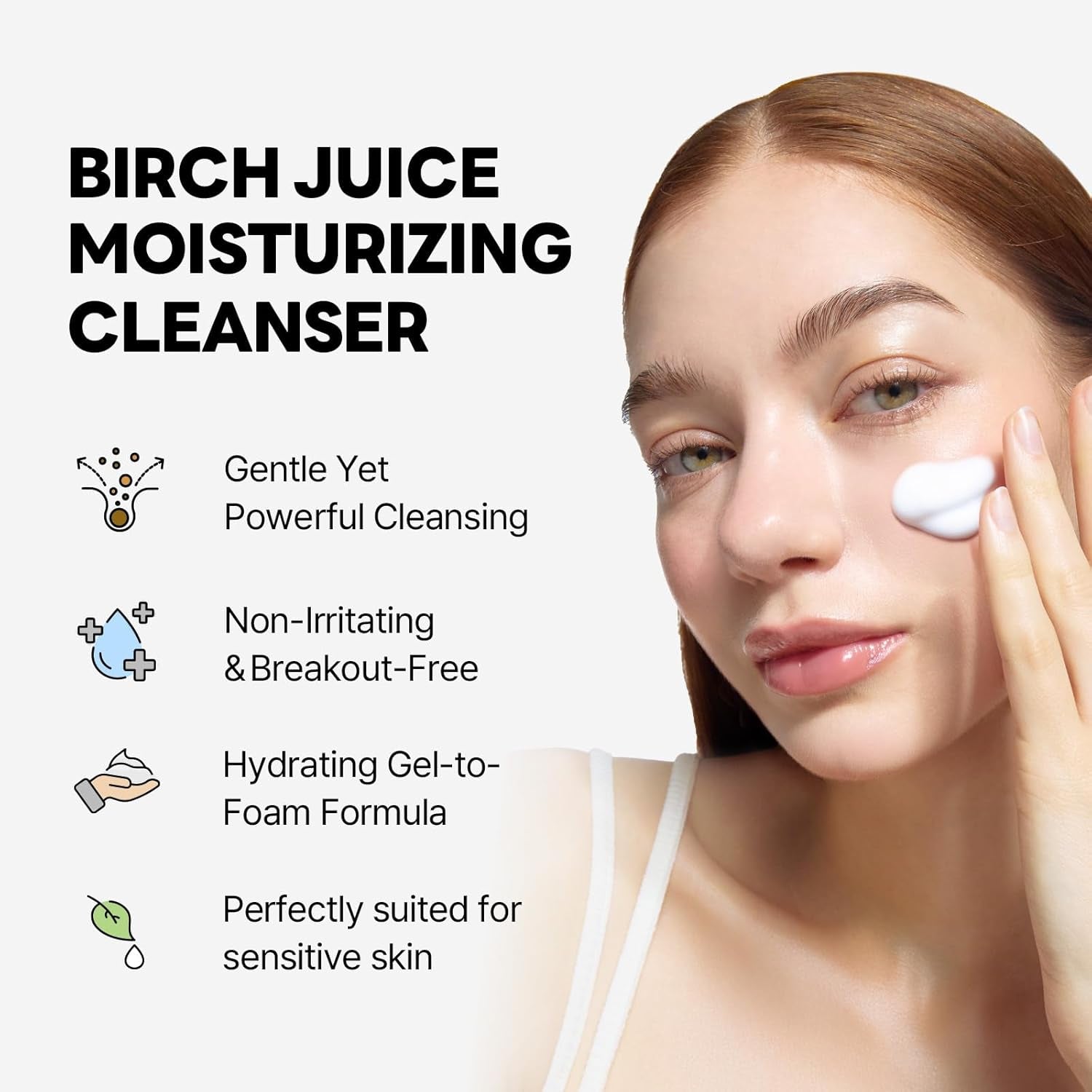 Kvinde med glødende hud påfører Round Lab Birch Juice Moisturizing Cleanser, vist med produktets fordele til sensitiv hud.