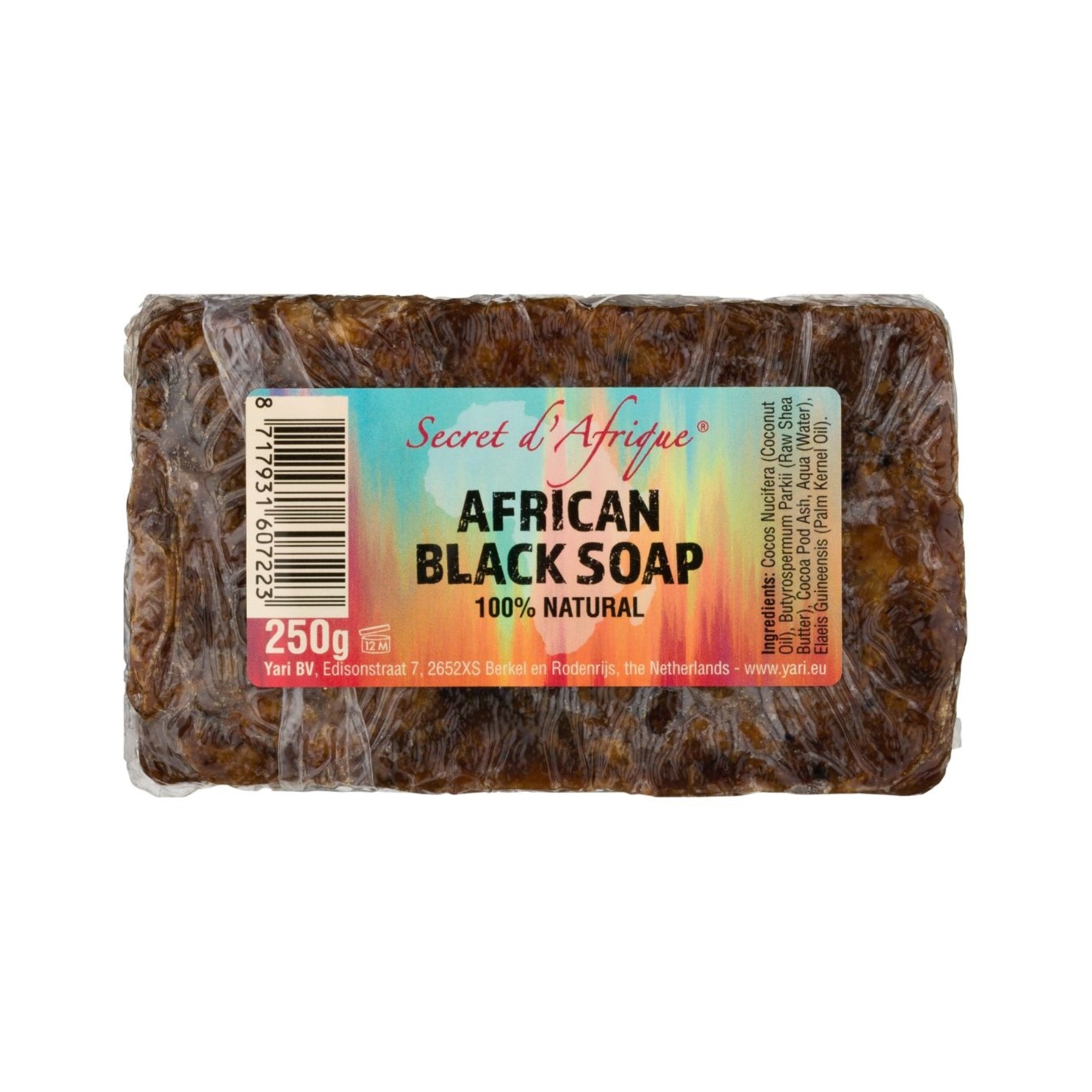 Secret d'Afrique African Black Soap, 250g, mørkebrun sæbebar med farverigt etiket i indpakning.