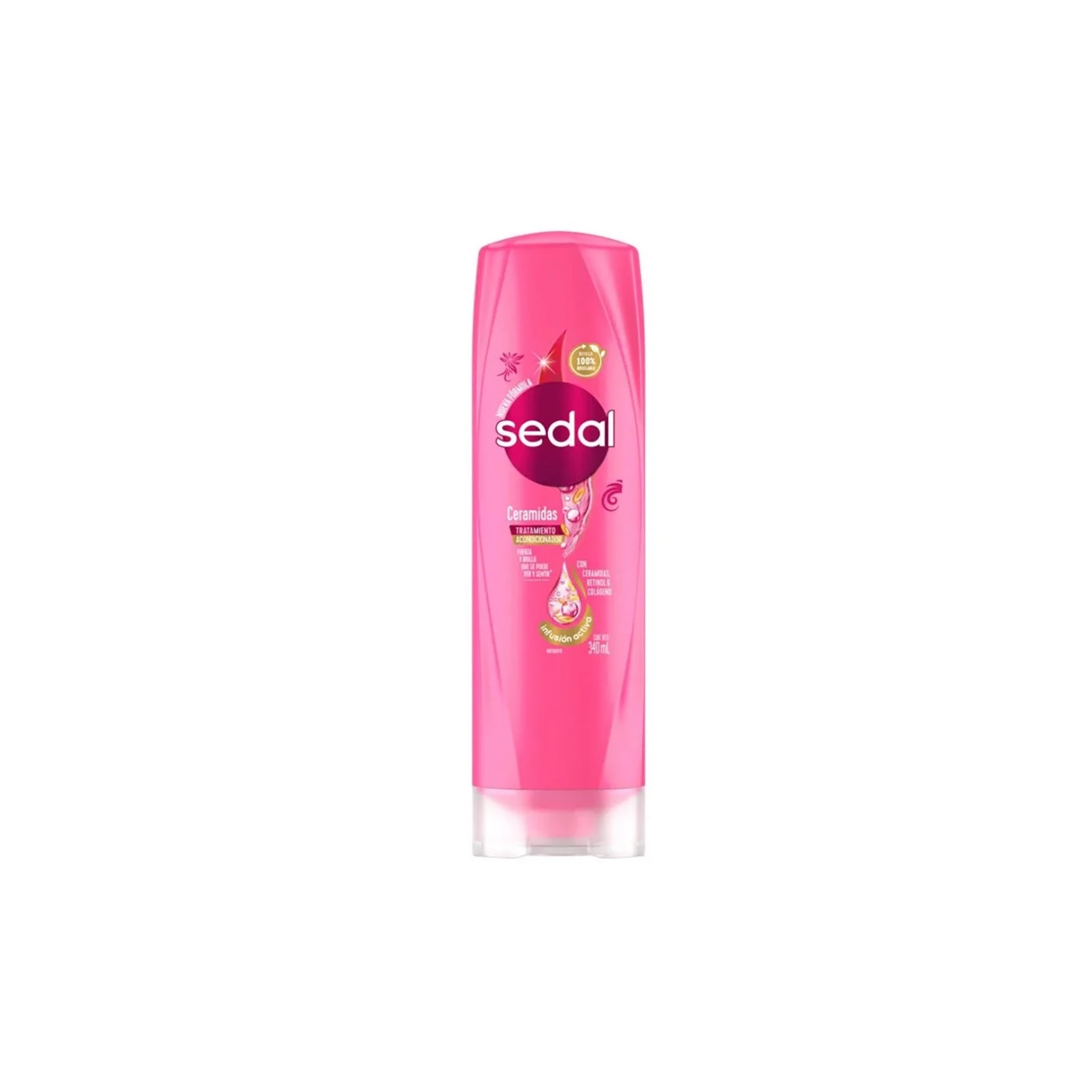 Pink flaske med Sedal Spark of Light Silk Effect Conditioner 350ml, med gennemsigtigt låg og farverigt design, stående på hvid baggrund.