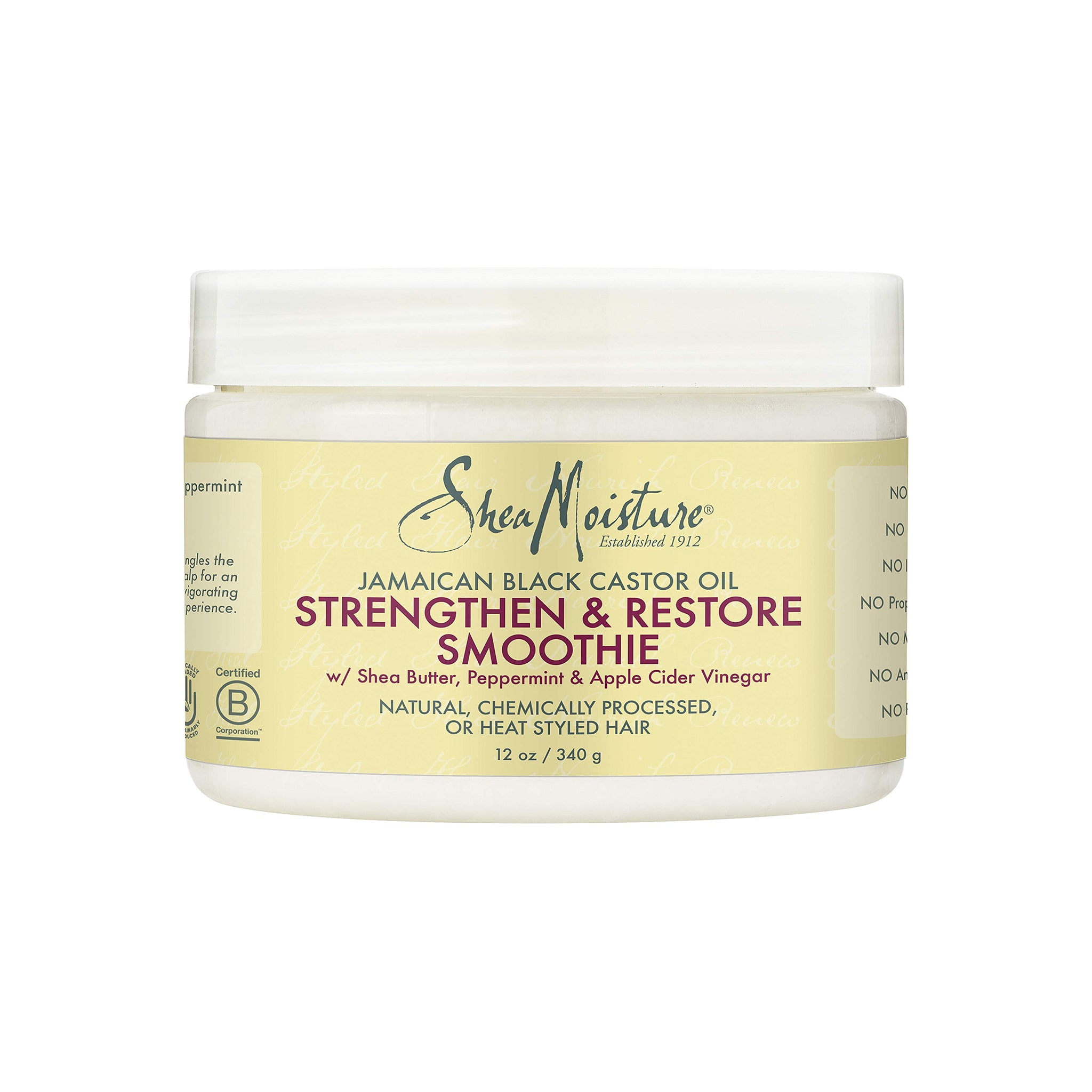 Hvid dåse i plast med hvidt låg indeholdende Shea Moisture Jamaican Black Castor Oil Strengthen & Restore Smoothie. Etiketten er gul med sort og rød tekst.