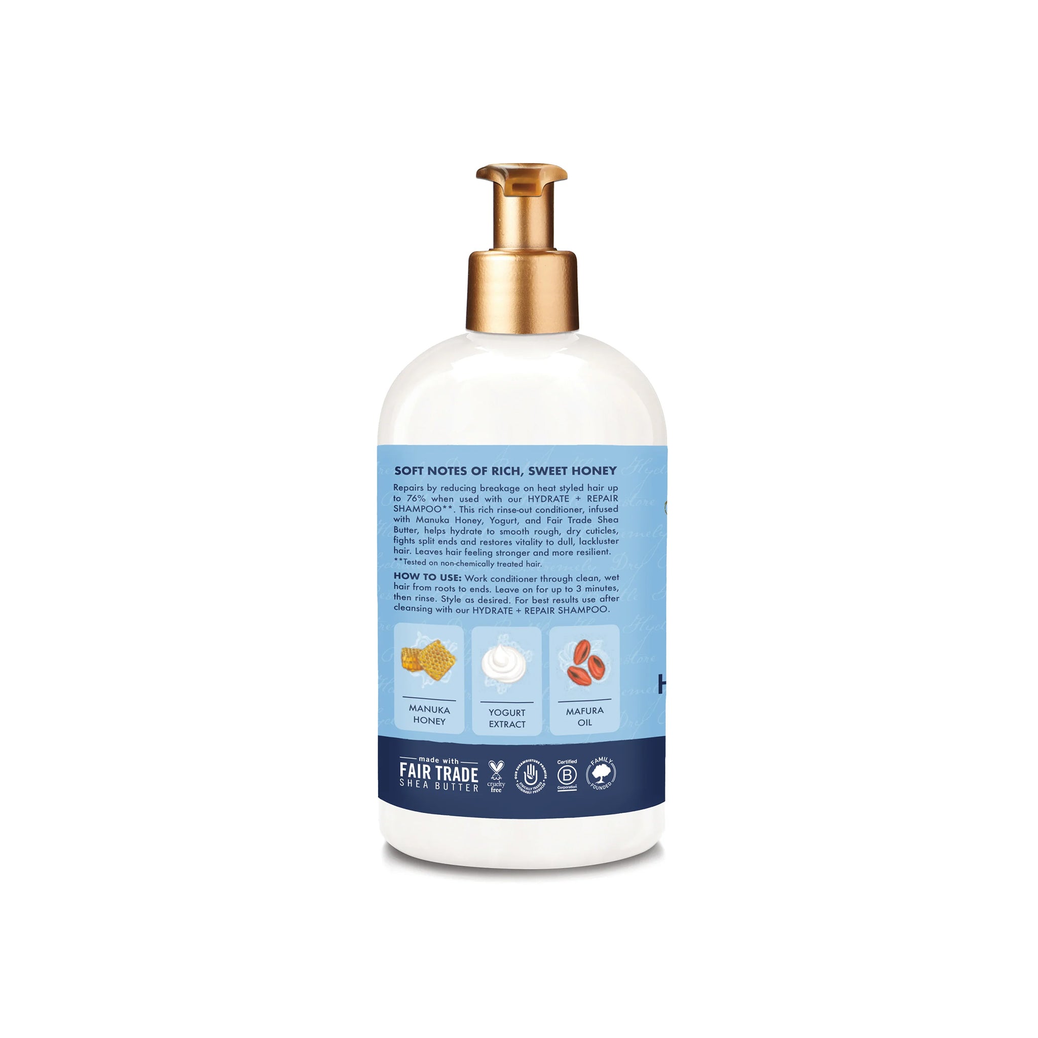 Bagside af Shea Moisture Manuka Honey & Yogurt Conditioner-flaske (384 ml) med brugsanvisning.