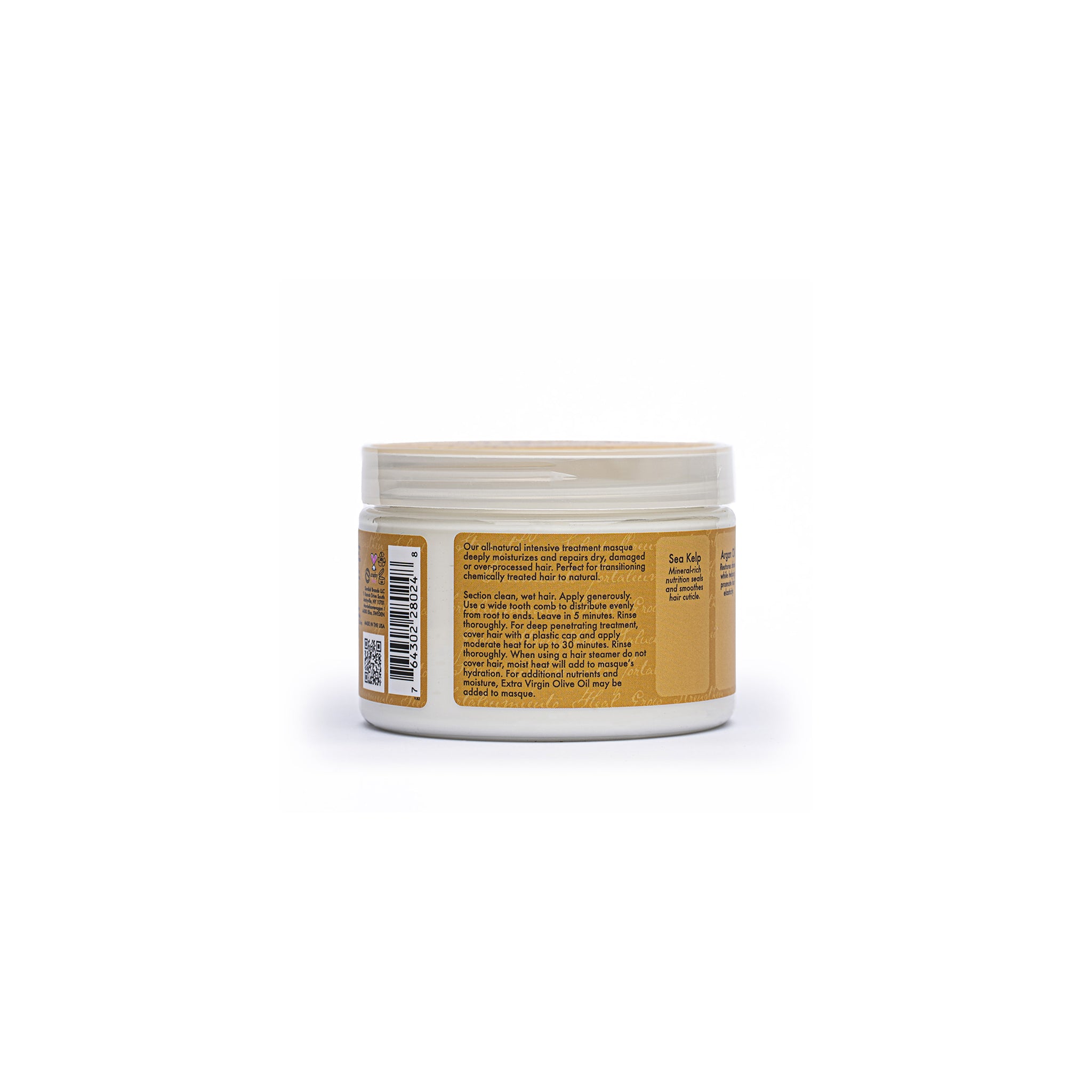 Shea Moisture Raw Shea Butter Deep Moisturizing Masque (326 g) - Bagside. Billedet viser bagsiden af krukken med ingrediensliste og brugsanvisning, herunder information om dybdegående behandling med varme.