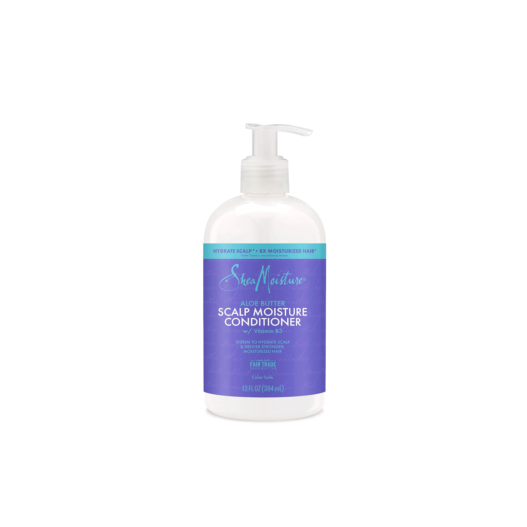 Shea Moisture Aloe Butter Scalp Moisture Conditioner 384 ml i hvid flaske med pumpe, lilla og turkis etiket samt tydelig produkttekst.