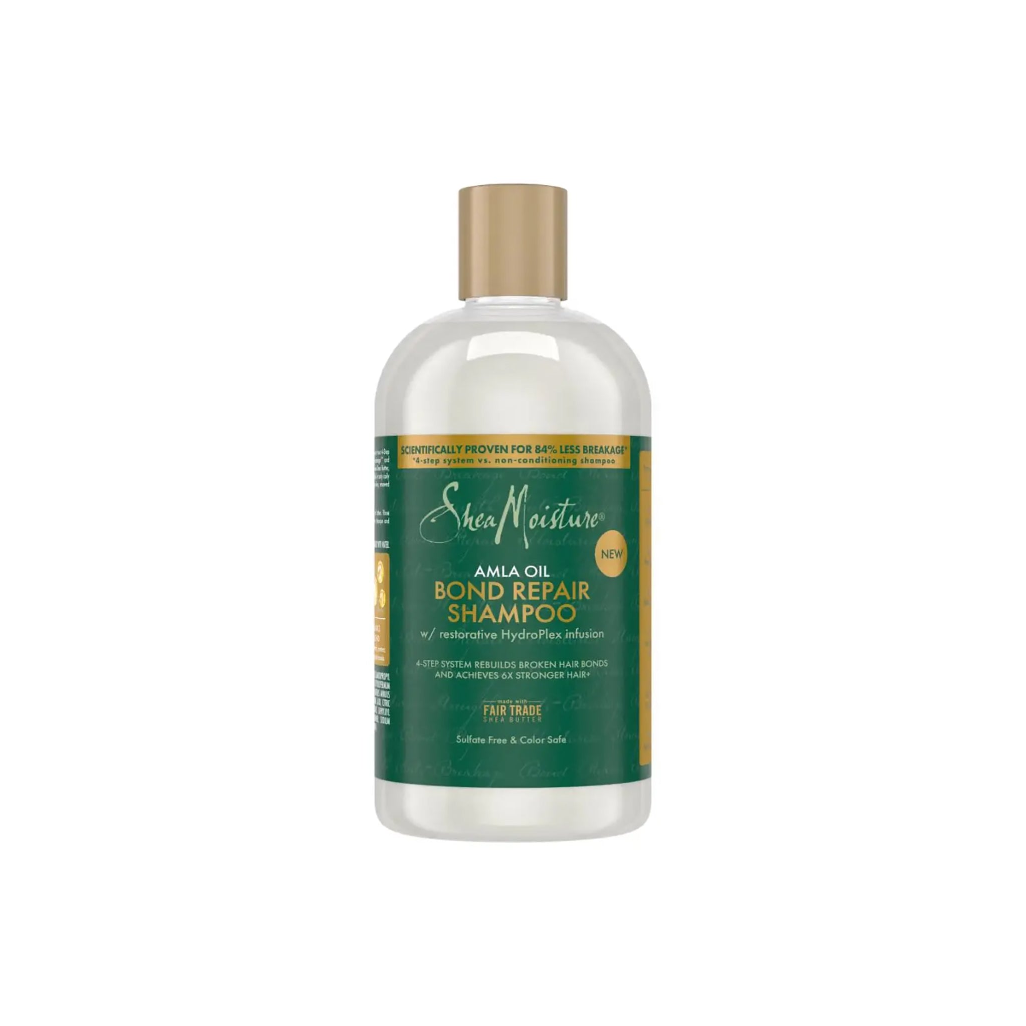 Shea Moisture Amla Bond Repair Shampoo 384 ml i gennemsigtig flaske med grøn og gylden etiket samt gylden låg.
