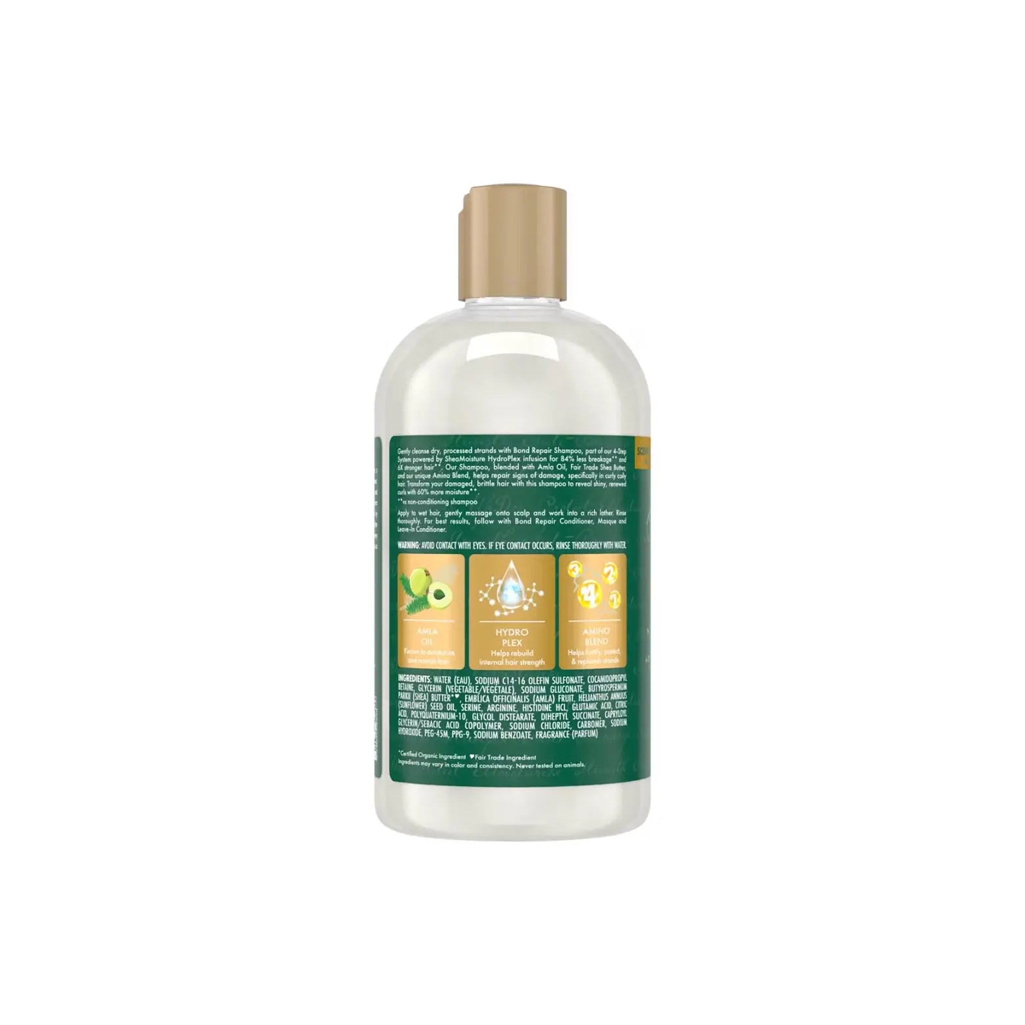 Shea Moisture Amla Bond Repair Shampoo 384 ml set bagfra med grøn etikette, ingrediensliste og illustrationer af nøgleingredienser.