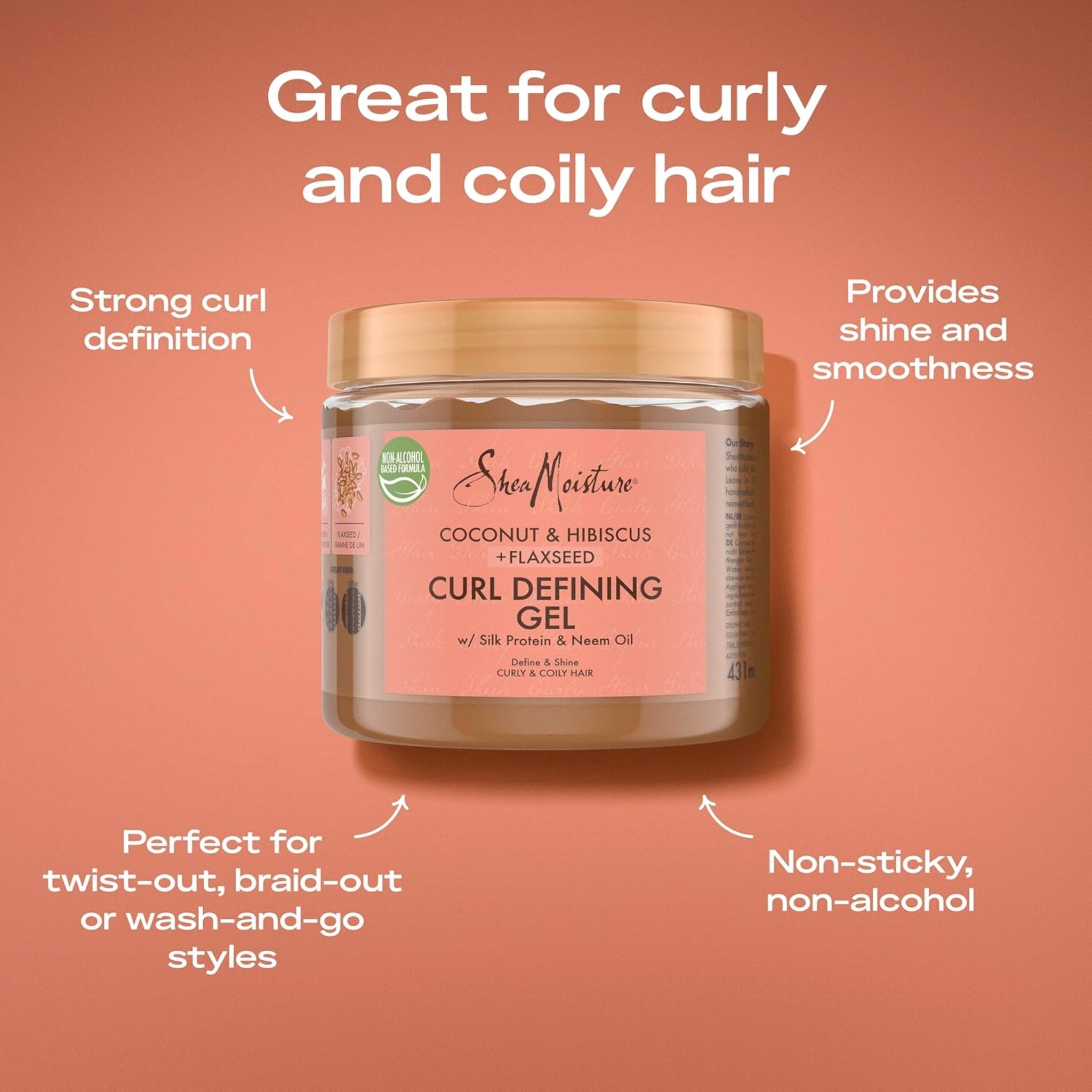 SheaMoisture Coconut & Hibiscus Curl Defining Gel i banke med gyldent låg, ideel til krøllet og krøllet hår.