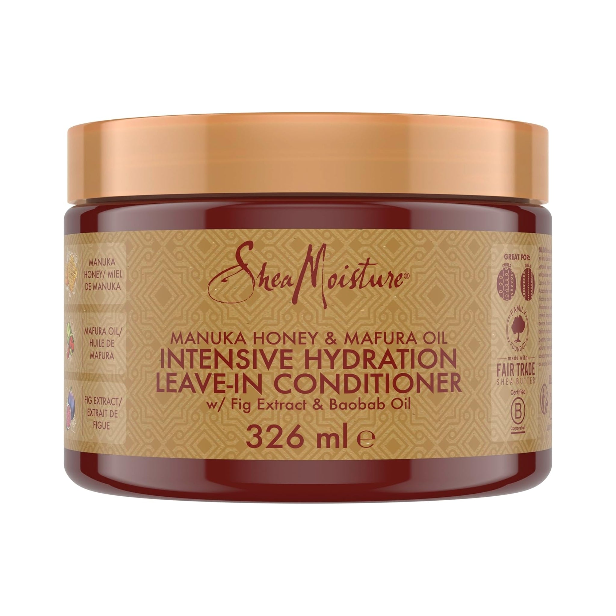 SheaMoisture Manuka Honey & Mafura Oil intensive hydration leave-in conditioner, rødbrun banke med gulddæksel, 326 ml.