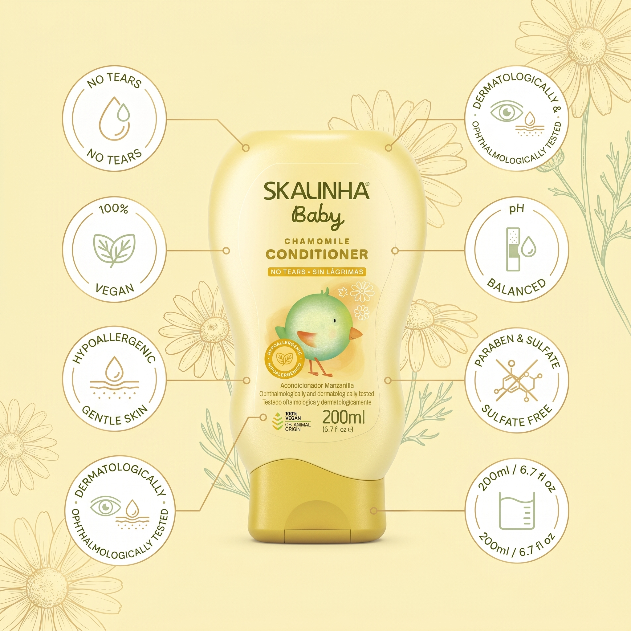 SKALINHA Baby Chamomile Conditioner 200 ml med ikoner for tåre-fri, vegansk og hypoallergen babyhårpleje.