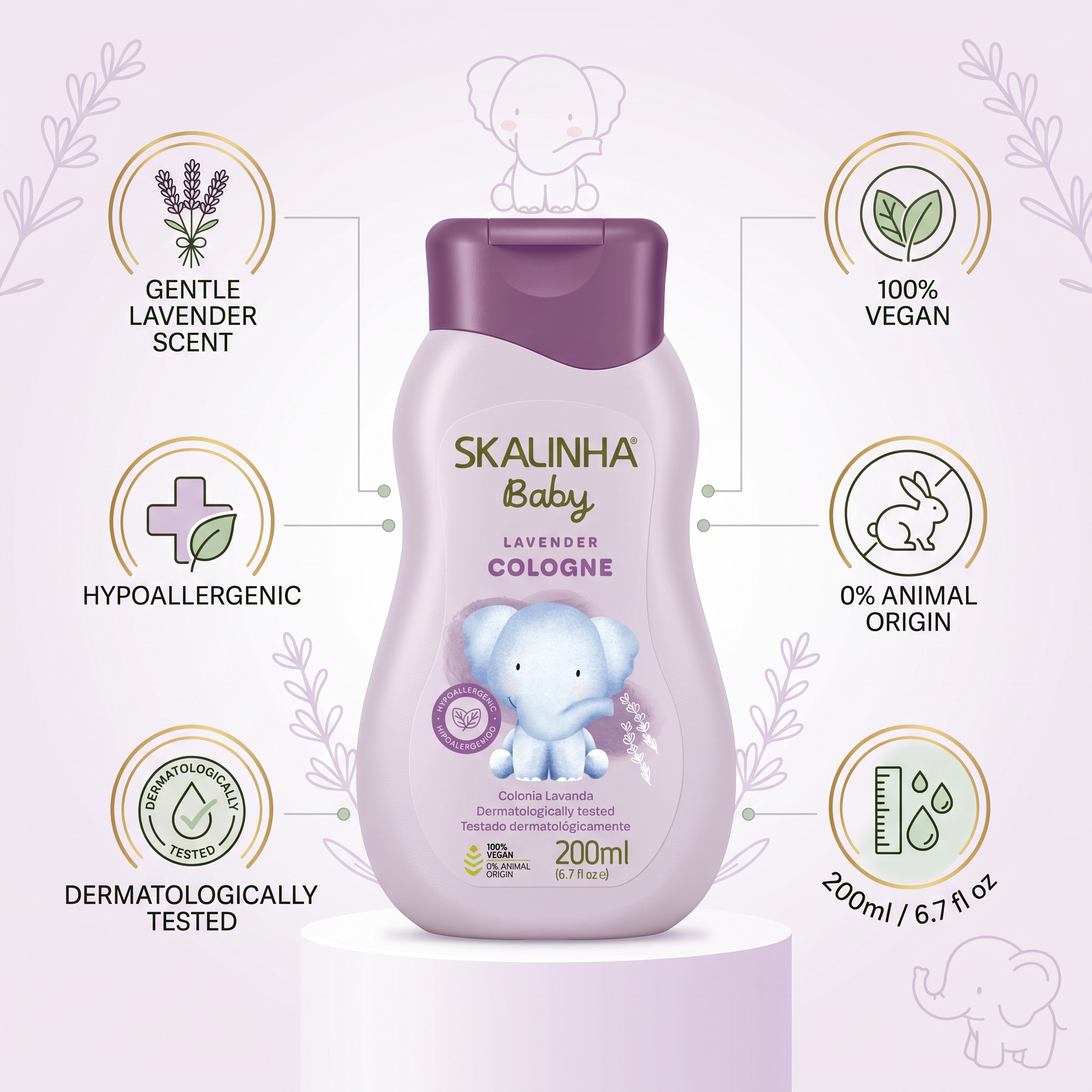 Skalinha Baby Lavender Cologne 200ml hypoallergen babyparfume, vegansk og dermatologisk testet med lavendelduft.