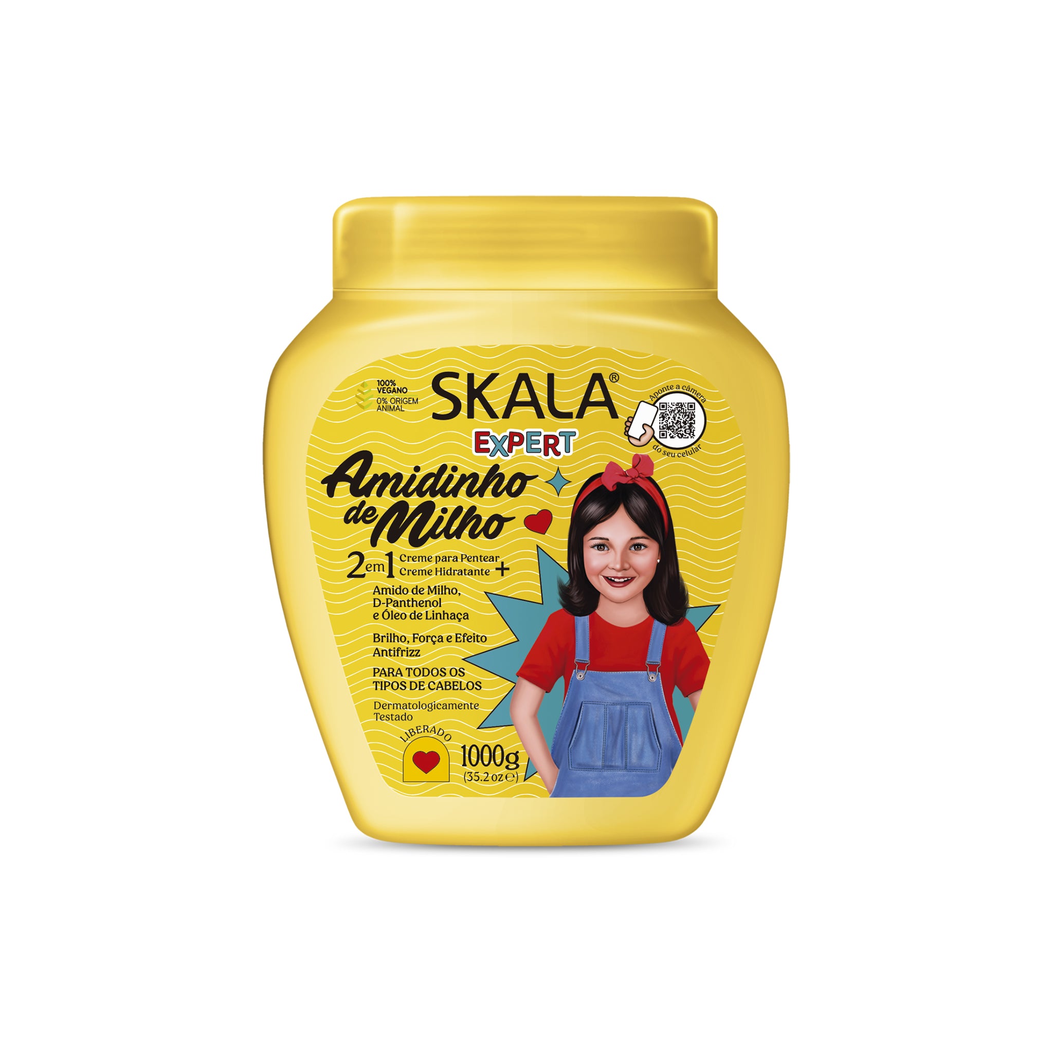Skala Treatment Amiguinha de Milho 1000gr i gul bøtte med matchende låg og farverig etiket med pigeillustration og tekst.