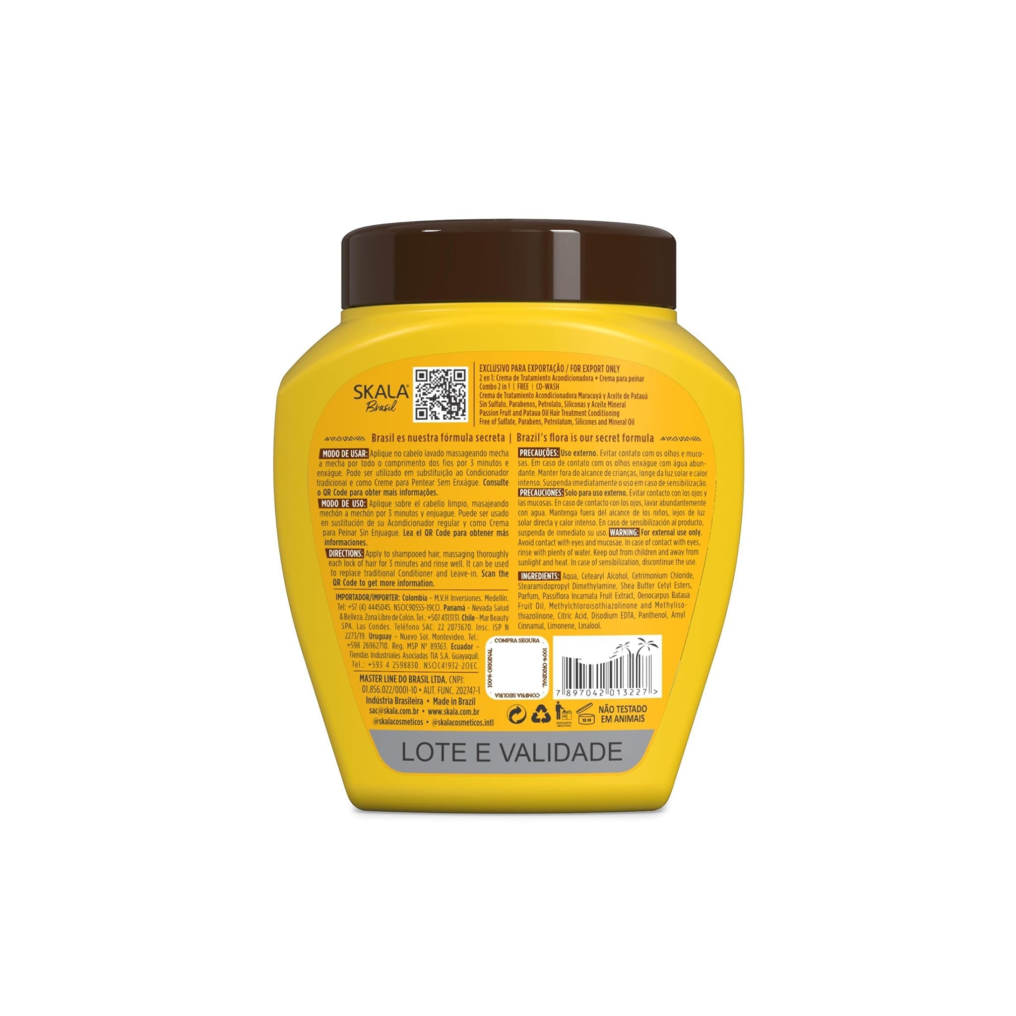 Bagside af Skala Brasil hårprodukt. Gul emballage med detaljeret produktinformation på portugisisk, inklusive ingrediensliste og stregkode.