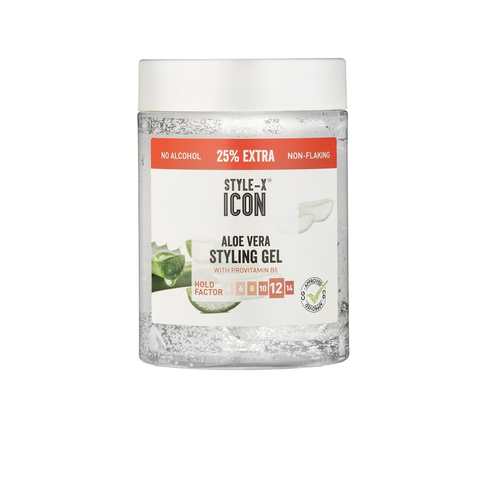 Style-X Icon Aloe Vera Styling Gel (1000 ml). Billedet viser en stor beholder med Style-X Icon Aloe Vera Styling Gel, som er uden alkohol, ikke-flager og indeholder provitamin B5. 