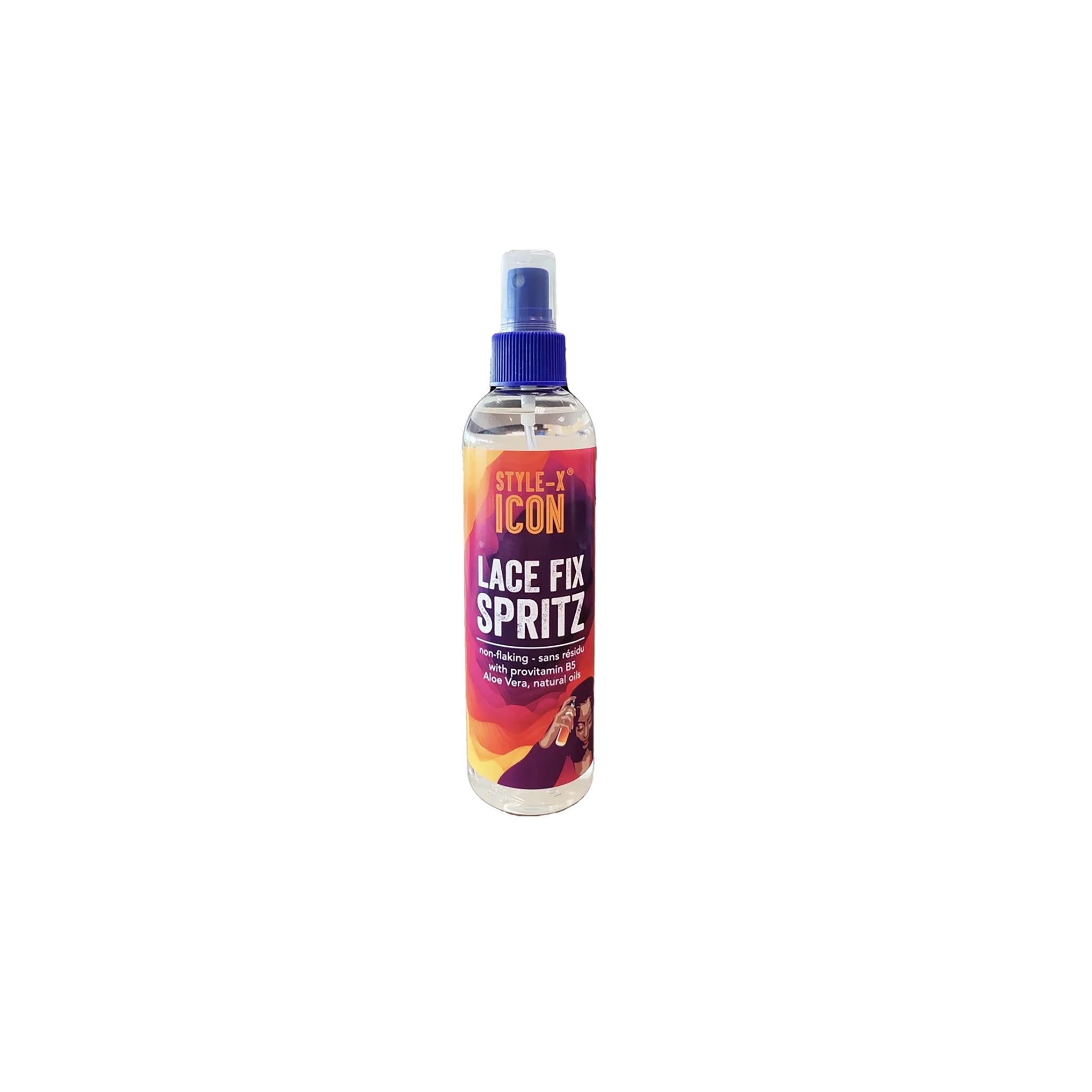 Style-X Icon Lace Fix Spritz (250 ml). Billedet viser en flaske Style-X Icon Lace Fix Spritz, der er non-flaking og indeholder provitamin B5, aloe vera og naturlige olier.