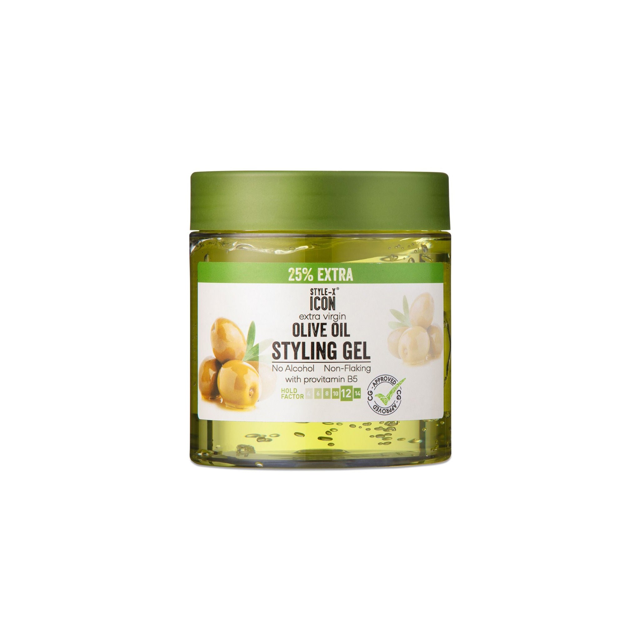 Style-X Icon Extra Virgin Olivenolie Styling Gel (525 ml). Billedet viser en beholder med Style-X Icon Extra Virgin Olivenolie Styling Gel, som er uden alkohol og ikke-flager, og indeholder provitamin B5.